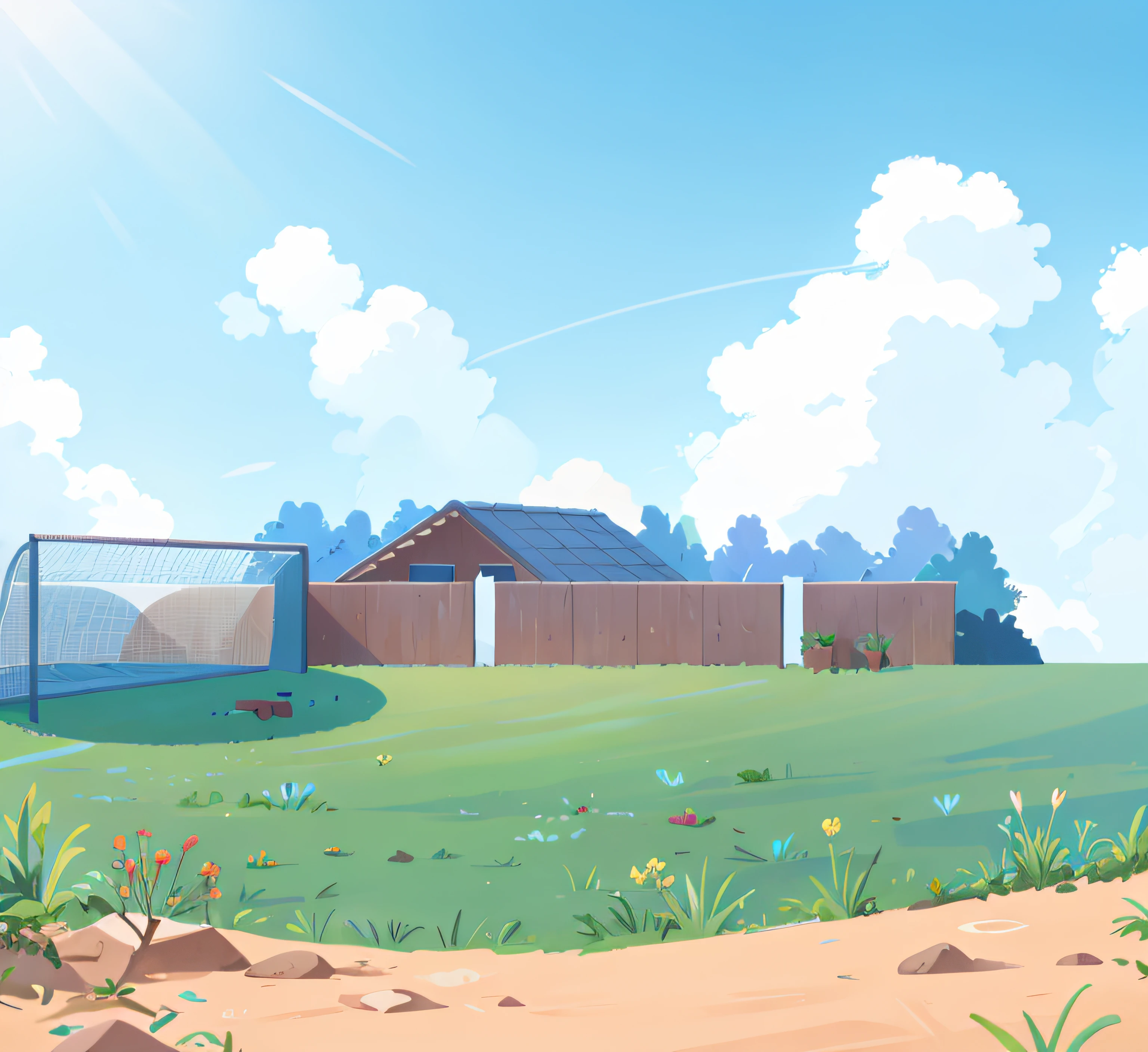 um desenho de uma casa com um telhado e um muro, e um campo com trave de futebol, Soft background with blue sky, imagem de alta qualidade, Ultra HD, 4K