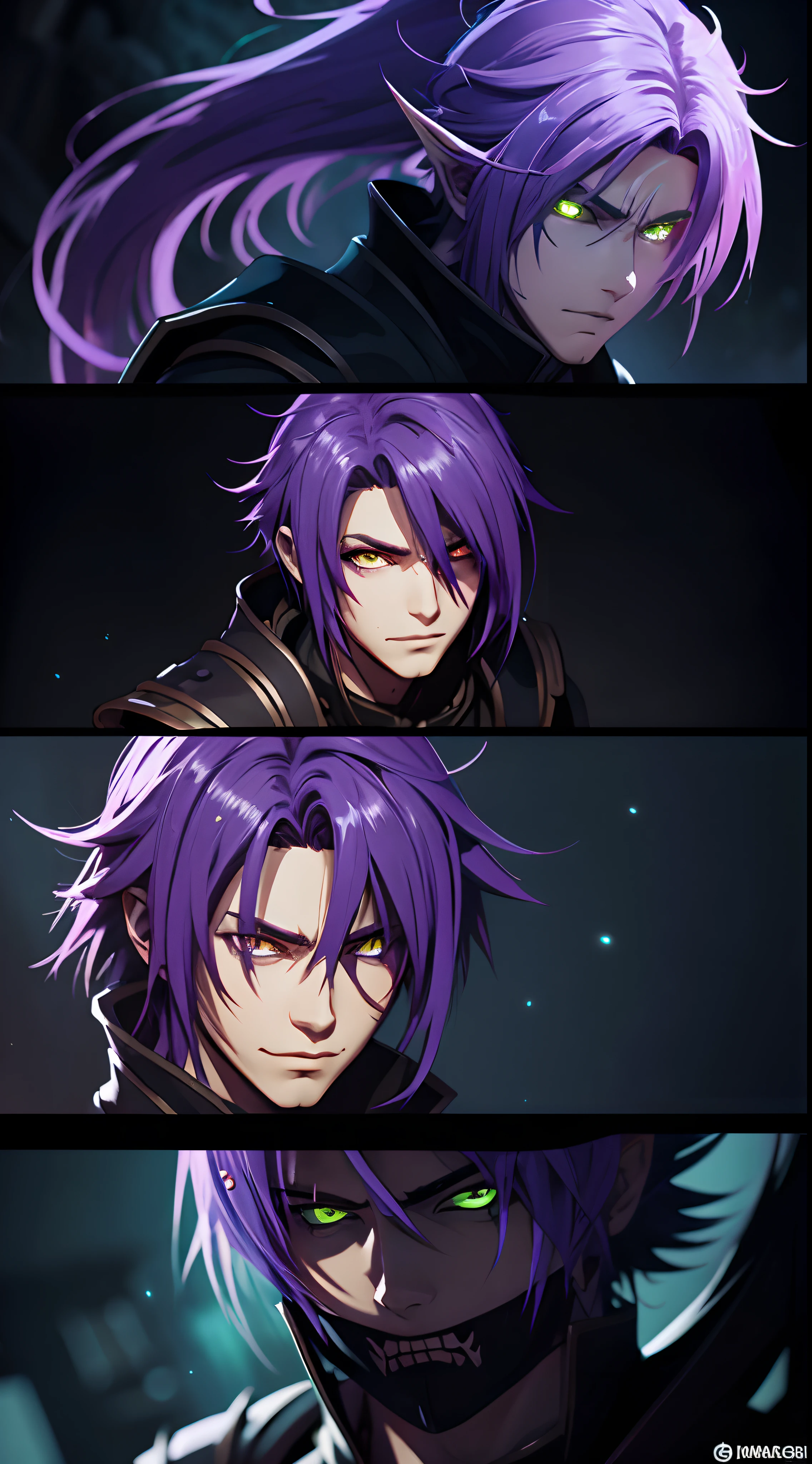 Extremely detailed artwork, best quality, 8k: Anime character with purple hair and glowing eyes against dark background, handsome guy in demon slayer art, epic fantasy art style epic, badass anime 8k, epic fantasy digital art style, detailed anime digital art, male demon human, portrait of the underworld , epic fantasy art style hd, expressive fierce 8k, male demon, extremely detailed artgerm.
