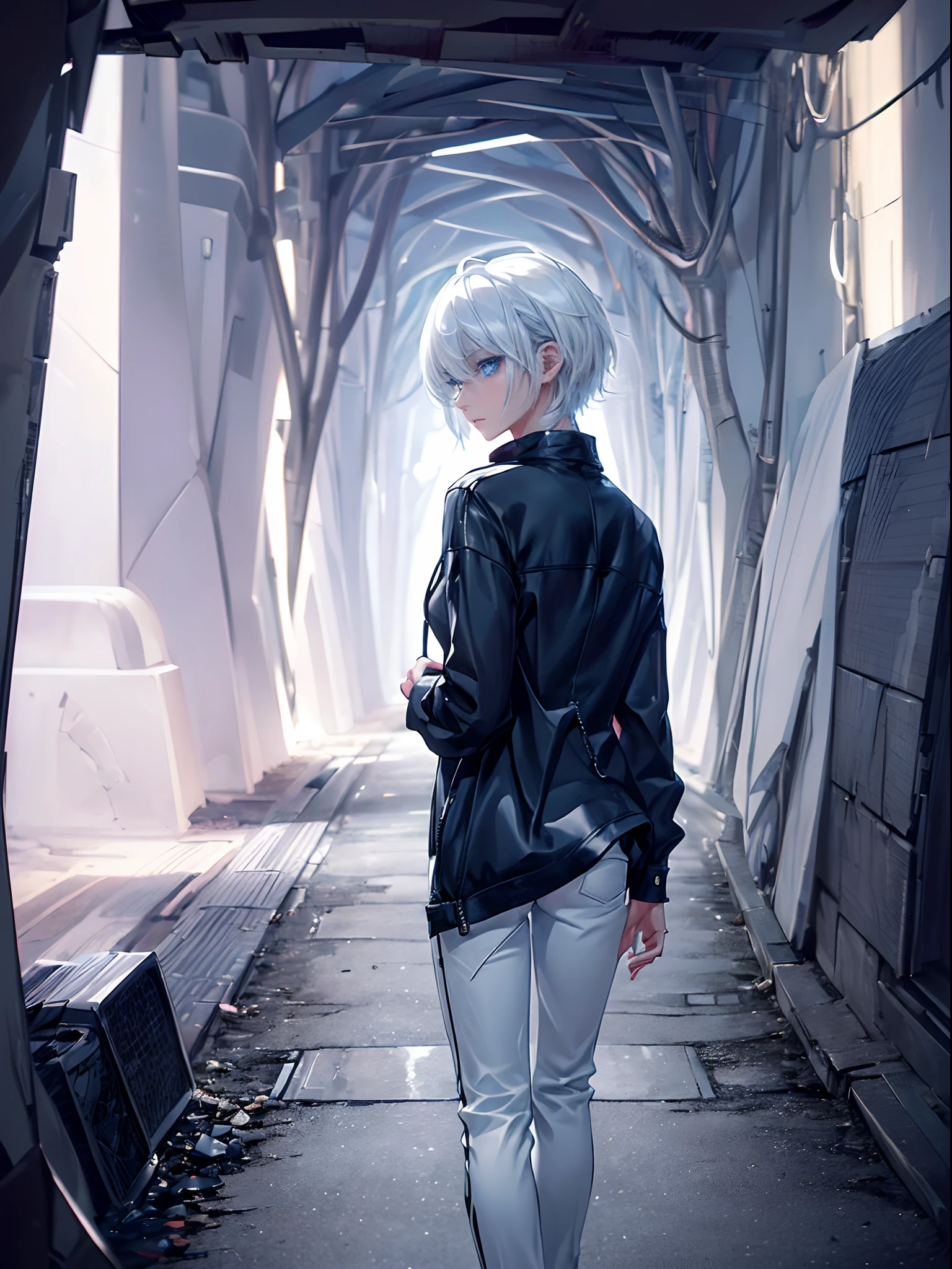 ((4K works))、masterpiece、(top-quality)、One Beautiful Girl、Slim body、tall、((Black Y-shirt and white pants、Charming street style))、Please wear one jacket、Wearing a hood to hide his face、(Detailed beautiful eyes)、Midnight Walk、During the walk、((In a dark tunnel))、saddened、suffocating、desolate、solitude、((Pitch black night road))、((Face similar to Carly Rae Jepsen))、((Short-haired white hair))、((Smaller face))、((Neutral face))、((Bright blue eyes))、((American adult women))、((Adult female 26 years old))、((cool lady))、((Like a celebrity))、((Korean Makeup))、((elongated and sharp eyes))、((Happy dating))、((boyish))、Professional Photos、((Shot alone))、((He is on a walk))、((He is walking in front of the viewer))、((Shot so that the back of the head and back are visible))、((photographed from the back))、((He's looking forward.、I can't see my face))、horor、Sadness photo