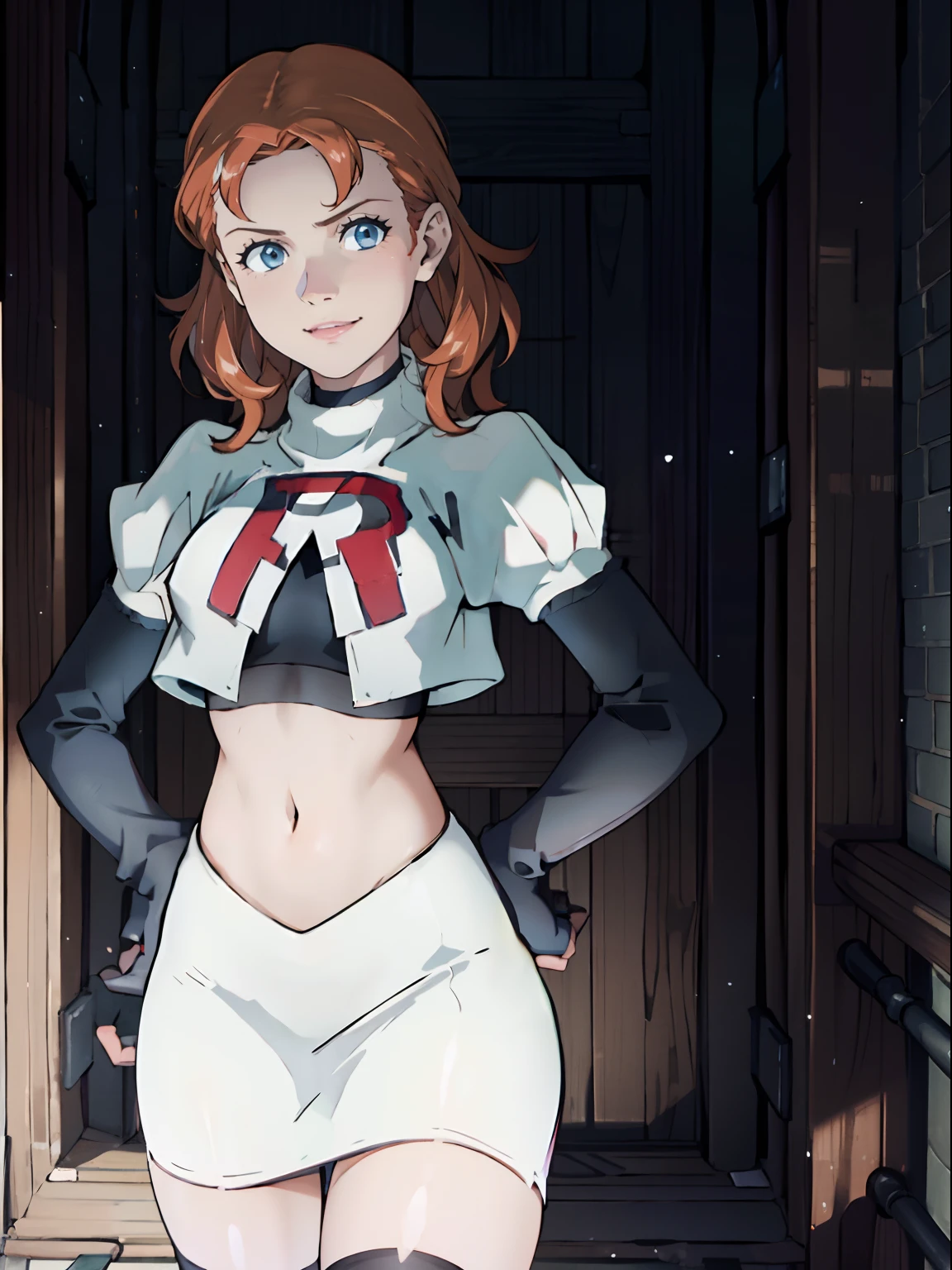 face of annette_war, 1girl,team rocket,team rocket uniform, red letter R, white skirt,white crop top,black thigh-highs,black elbow gloves, looking down on you, evil smile, hands on hips