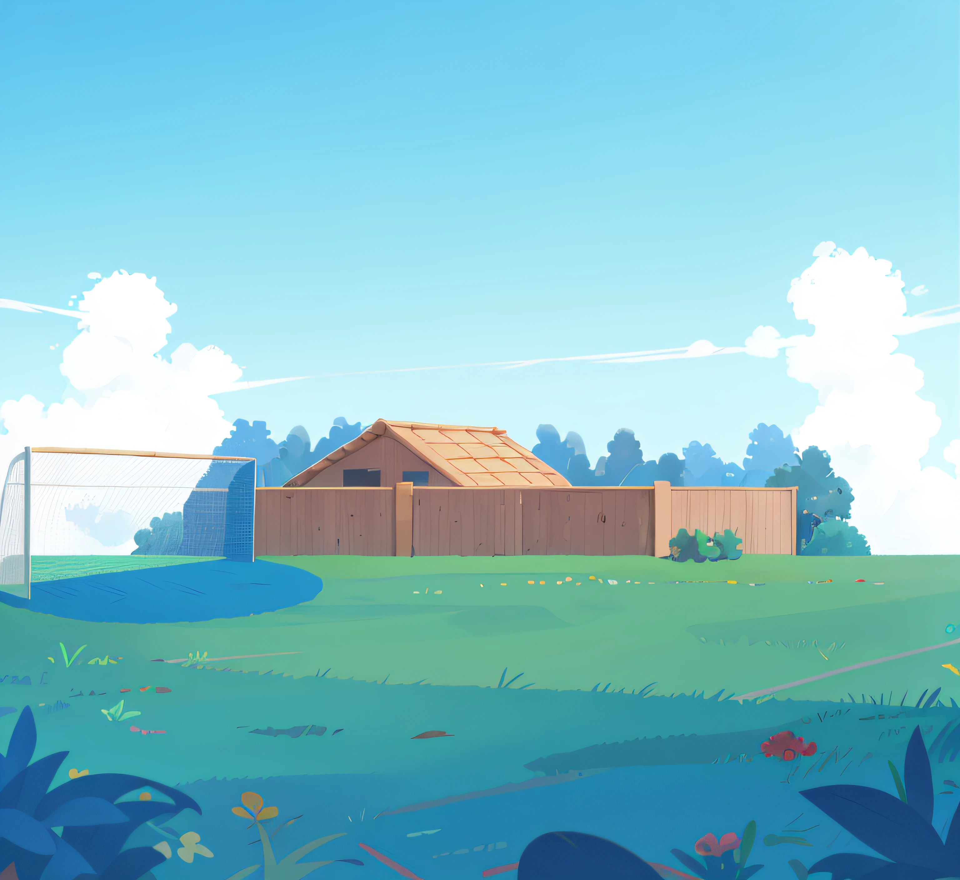 um desenho de uma casa com um telhado e um muro, e um campo com trave de futebol, Soft background with blue sky, imagem de alta qualidade, Ultra HD, 4K