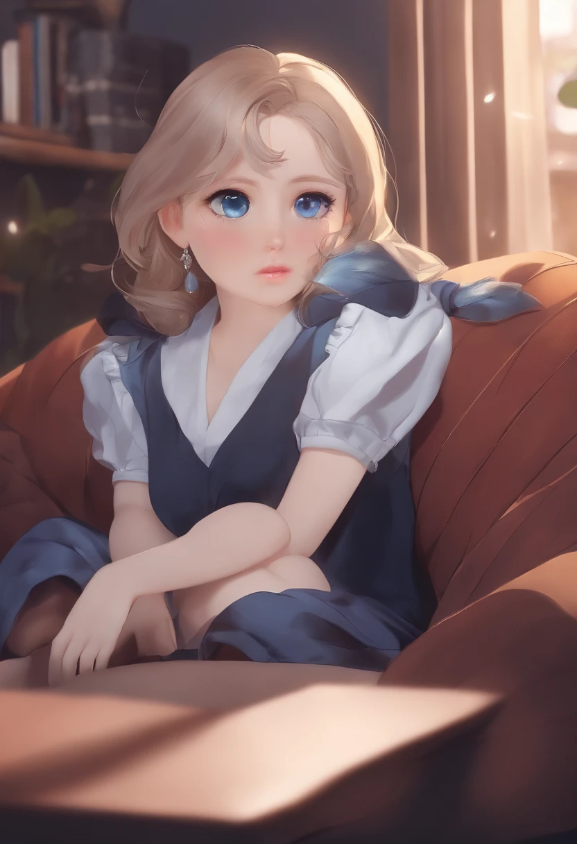 (embedding: Cute) sitting in the couch，Radiant hair, Moist and sticky scales, ((Long hair)|(Claws)), a cute face，With horror ((Big eyes)|(Blue eyes)) And cute lips in the dark glow of TV, Surrounded by comfortable pillows and (subtle)|(Intense) The smell of the room.
