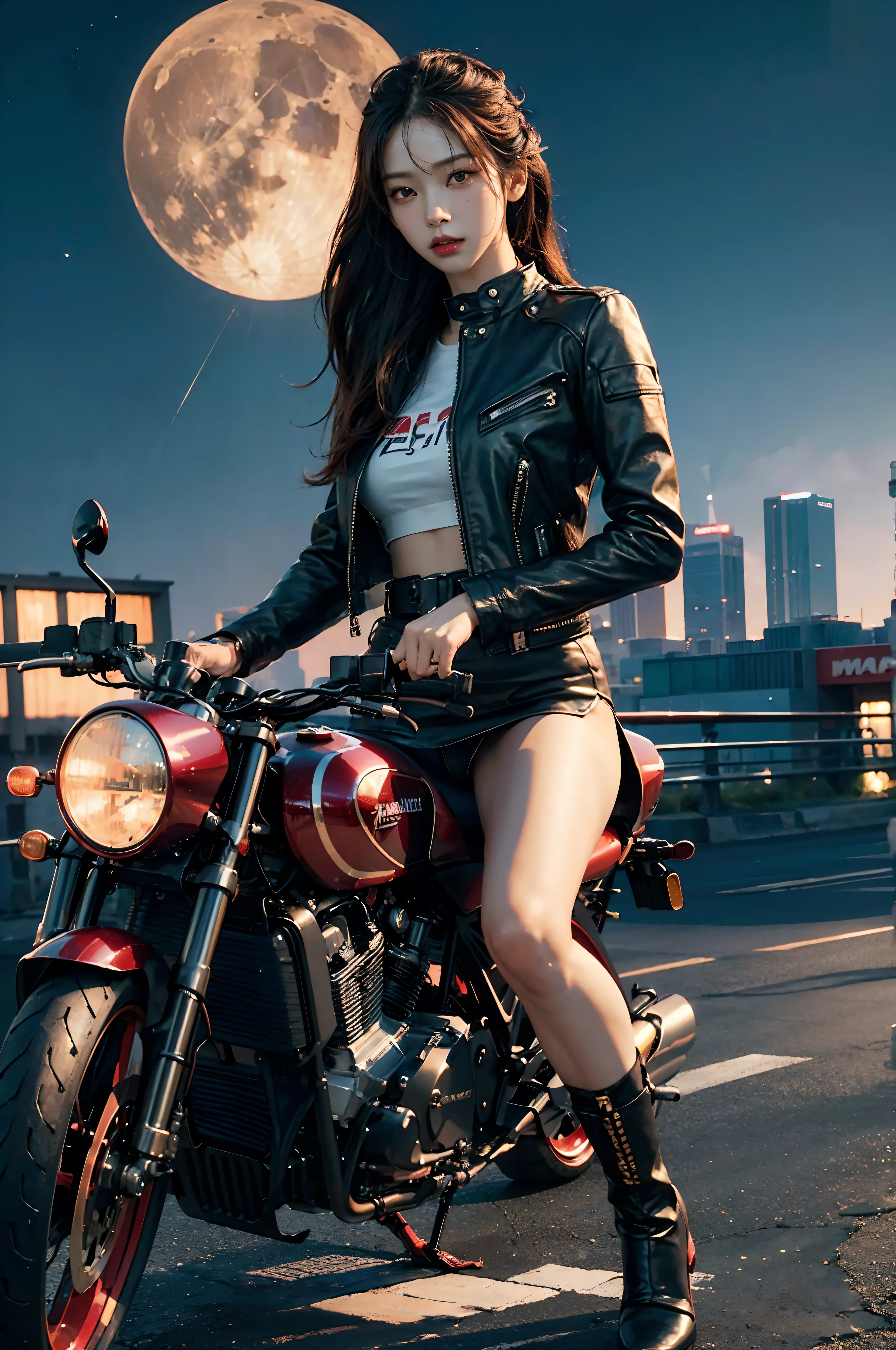 (best quality,highres,masterpiece:1.2),ultra-detailed,(realistic,photorealistic,photo-realistic:1.37),red cafe racer motorcycle being driven by a rebellious woman,extremely detailed body and chassis,futuristic Western landscape with vibrant colors and high contrast,nighttime scenery with numerous stars and moon,shadows with intricate details,very saturated pulp colors,main color of the painting: bright vivid red,accent color: turquoise