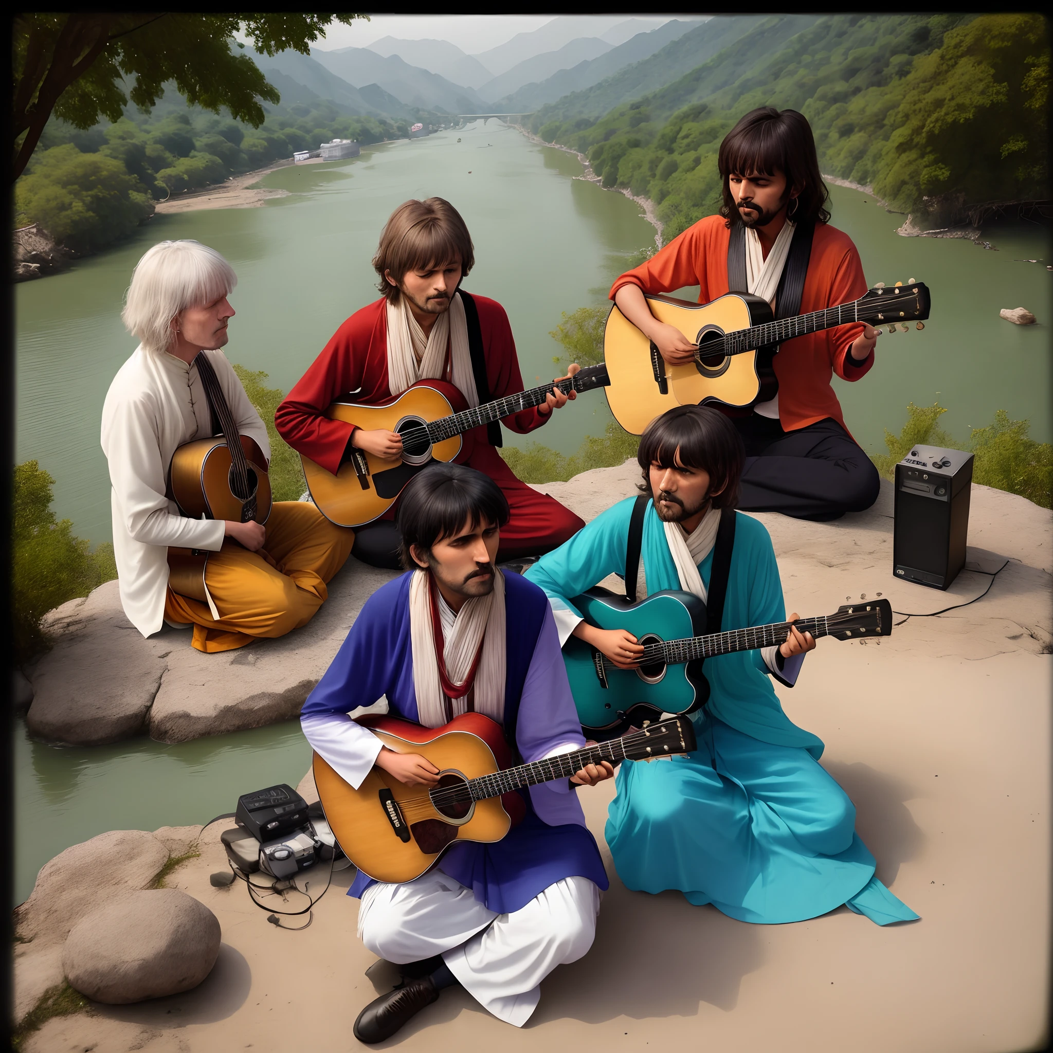 Kodak Instamatic photograph of the Beatles wearing psychedelic and Indian clothing while studying Transcendental Meditati playing acoustic guitars at Maharishi's Ashram overlooking the Ganges River in Rishikesh, India, taken in February 1968