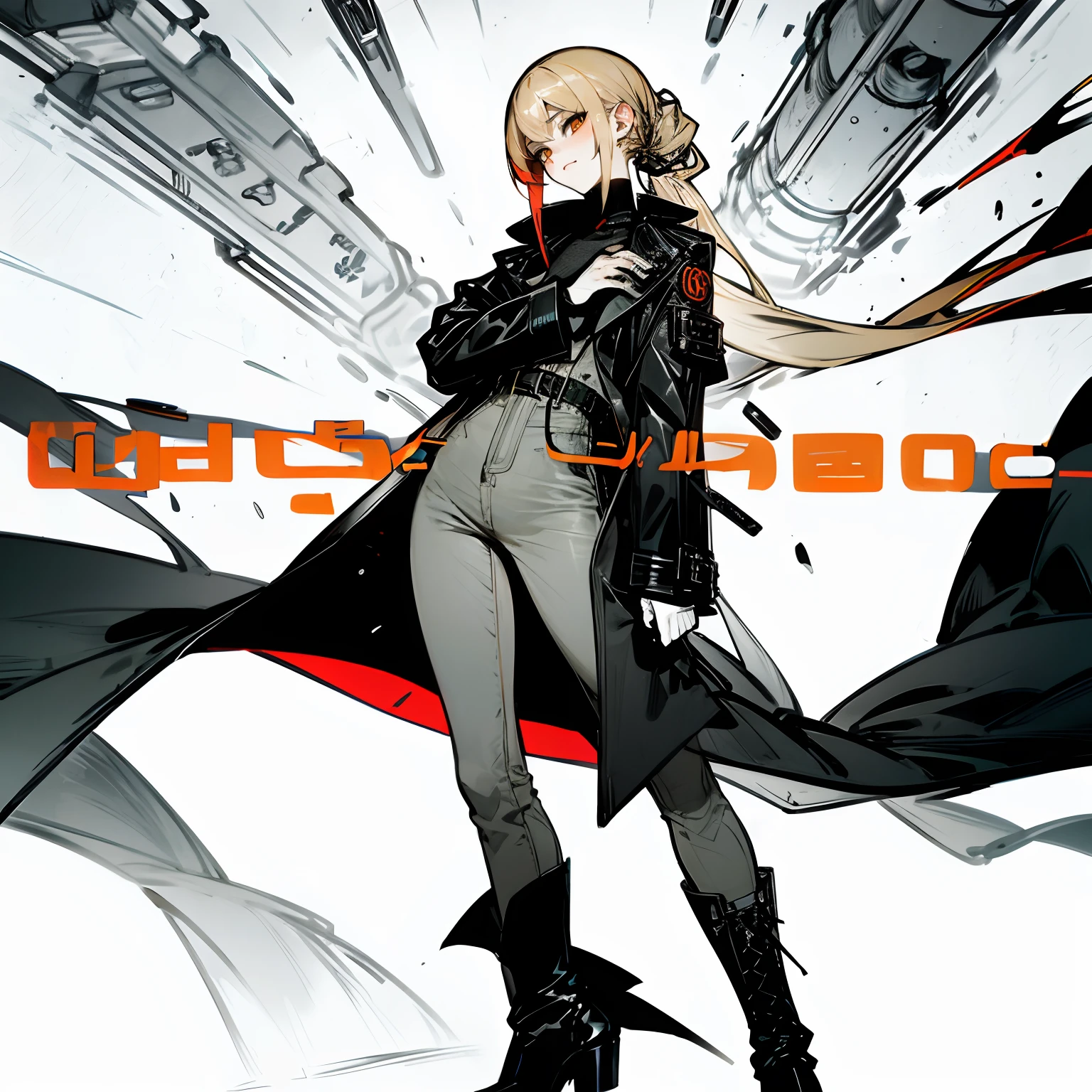 She wears a black leather coat,Wear yours with skinny jeans,Black high-heeled legs,Hair tied high。blond hairbl、Orange eyes、Melon seed face、Tall and tall、wearing sexy、Outstanding looks。