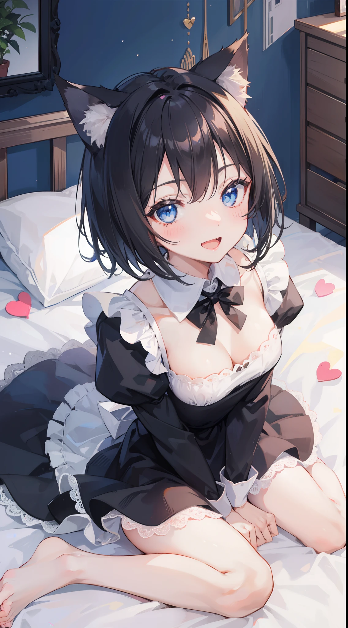 one girl, cat's ear, black hair, smile, slender, indoor, sitting, short hair, look up at me, from above, hands between legs, bare legs, blush, on bed, blue eyes, ruffle, maid dress, heart mark, happy, open mouth
