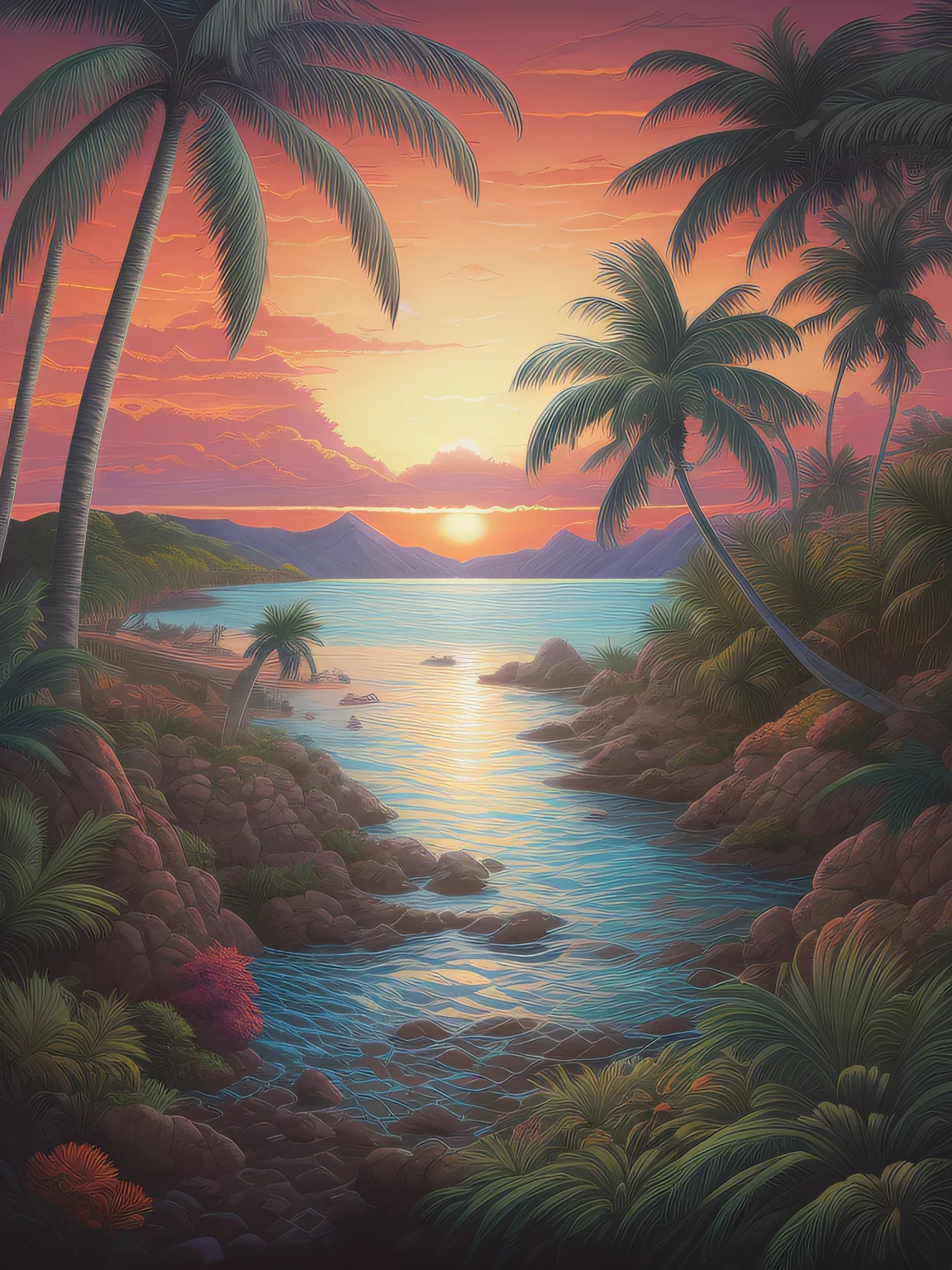A sunset painting with palm trees and rocks, author:Joe Mangalum, style of tim hildebrandt, hildebrandt, Tropical landscape, Laurent Durieux, painting by dan mumford, red sun over paradise, Sunset glow, author:Rob Alexander, sunset illustration, Tropical paradise, landscape artwork, author:Jason Benjamin, author:an illustration of by David B. Mattire, Justin Gerard