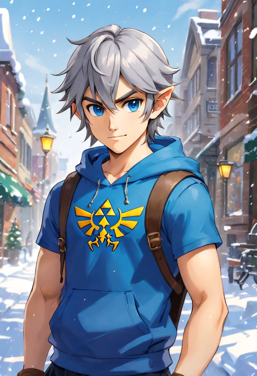 Portrait of 19 year old American male, short messy Silver hair, men's sleeveless hooded sweatshirt, black sweatpants, blue eyes, elegant and intricate details, standing, full body, city of Toronto, snowing, sunny blue sky, smiling , slim, professional lighting, ((masterpiece: 1.4, best quality)), ((masterpiece, best quality)), (photorealistic: 1.4),