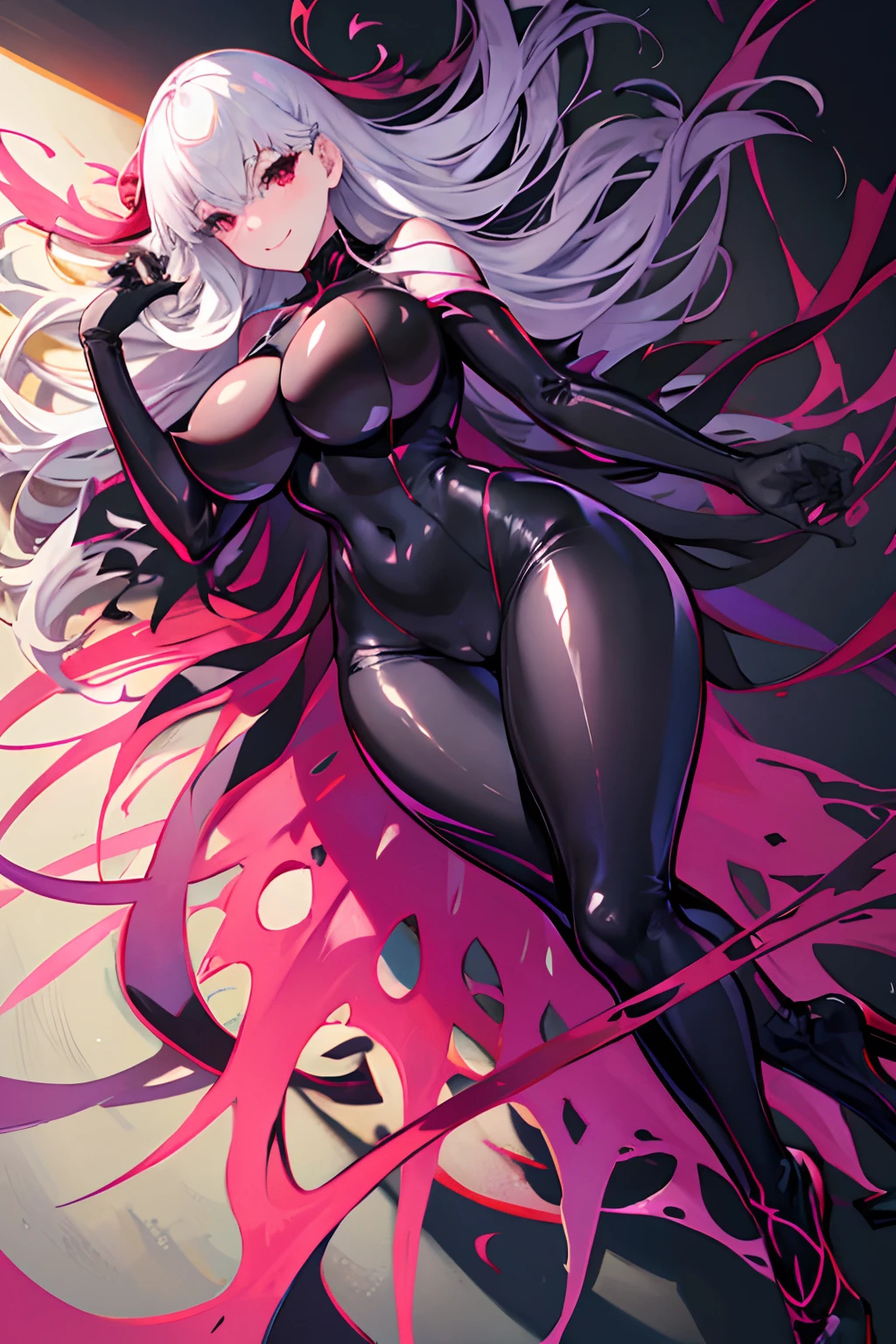 Carefully draw the face High-quality faces in anime style a blond Shiny black full body suit Black High Heels Red lines all over the body huge tit Big ass Whip thighs seductiv a smile Morrigan Aensland Lying face down