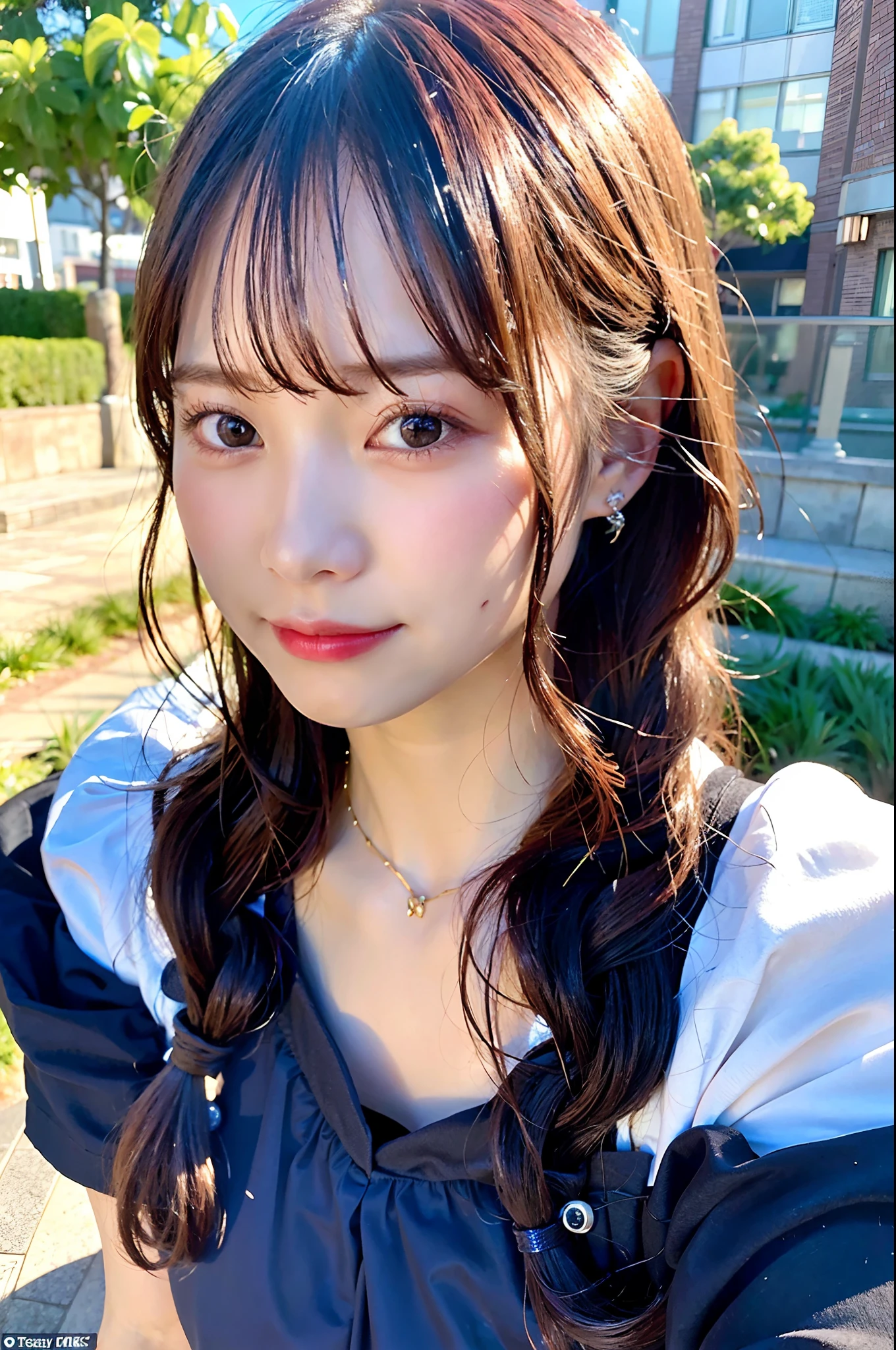 1girl, solo, realistic, cleavage, brown hair, molelips, brown eyes, huge breasts, in a black dress walking in the park, miyu kishi, smile, (photorealistic:1.4),nsfw