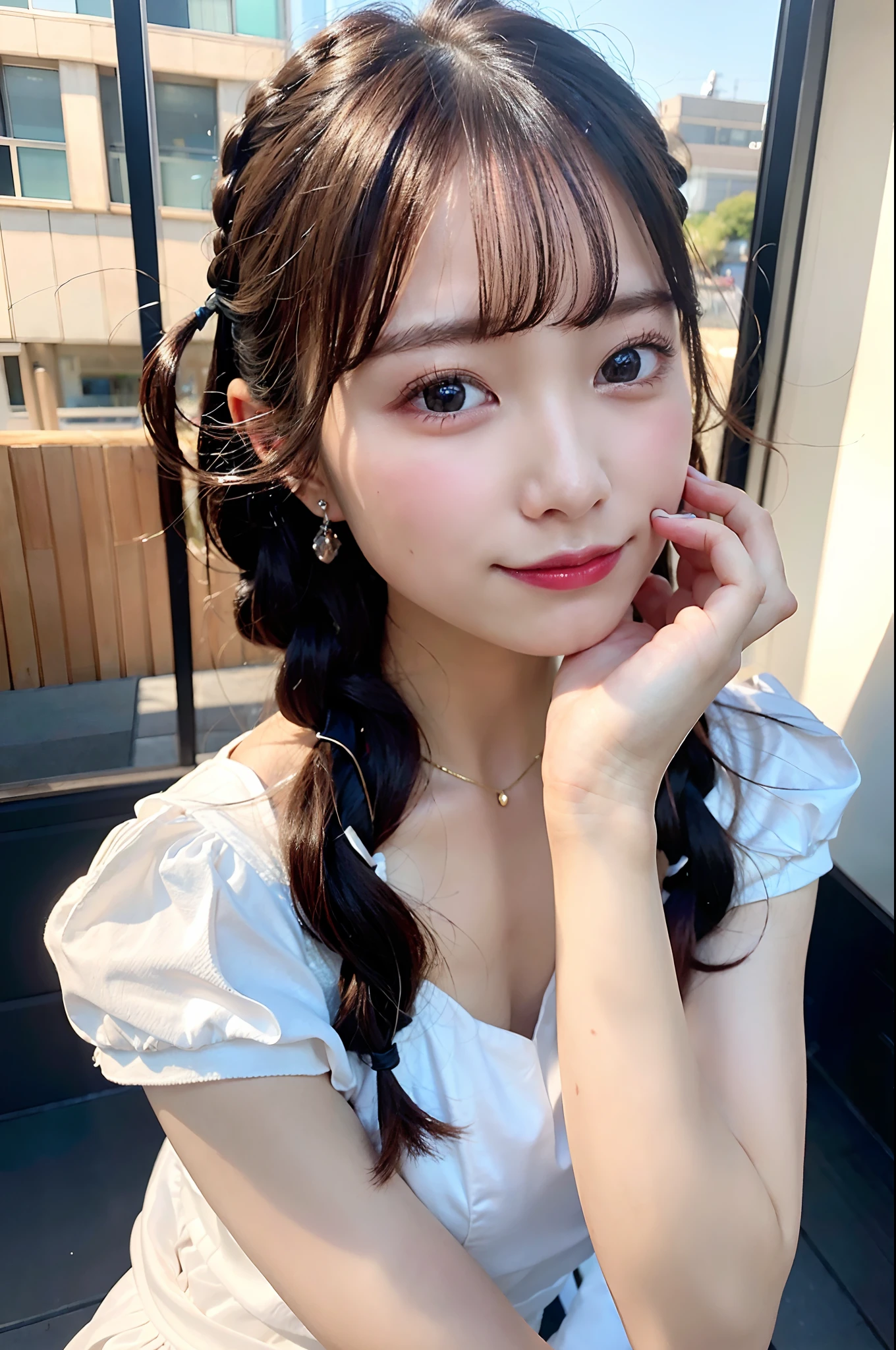 masutepiece, Best Quality, Illustration, Ultra-detailed, finely detail, hight resolution, 8K Wallpaper, Perfect dynamic composition, Beautiful detailed eyes, Trendy Women's Fashion Summer Clothes,Bun hair,Small breasts natural color lip, sexypose,Smile,Harajuku、20 years girl、Cute、is looking at the camera