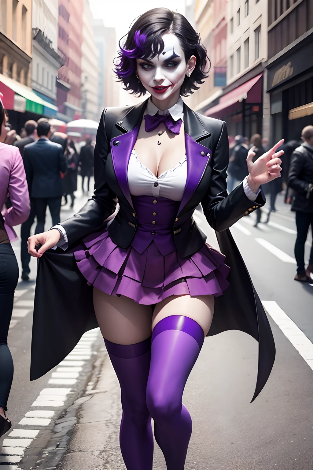 Joker dressed as a girl, full body shot, on the crowded street, giga_busty