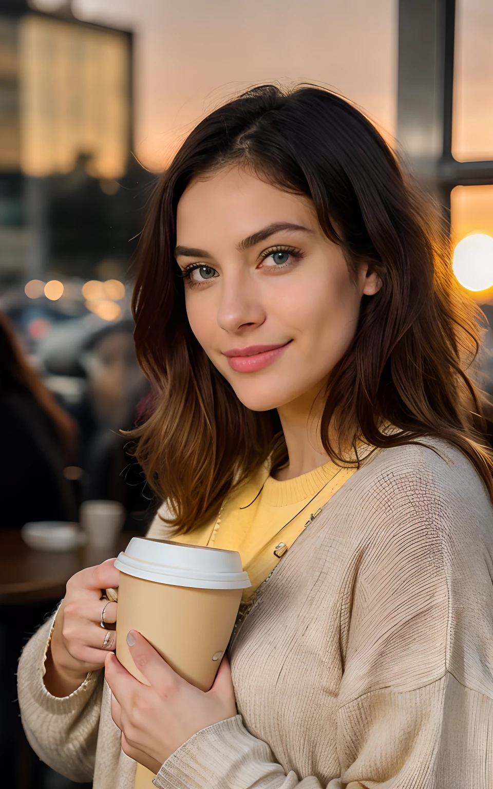 Cute beautiful blonde with yellow sweater (Drink coffee in a modern café at sunset), ighly detailed, 14years, innocent-looking face, naturally wavy hair, blue eyes, hight resolution, masterpiece, best qualtiy, intricate detailes, ighly detailed, foco nítido, detailed skins, realistic skin textures, texture, A detailed eye, professional, 4K, Charming smile, shot in Canon, 85 mm, light depth of field, Kodak Vision Color, Perfectly fitting body, ighly detailed, a picture_\(Ultras\), Photorealism, Realistish, post processed, maximum details, rough, real life, Ultrarealistic, photorealisim, photography, 8K UHD, photography