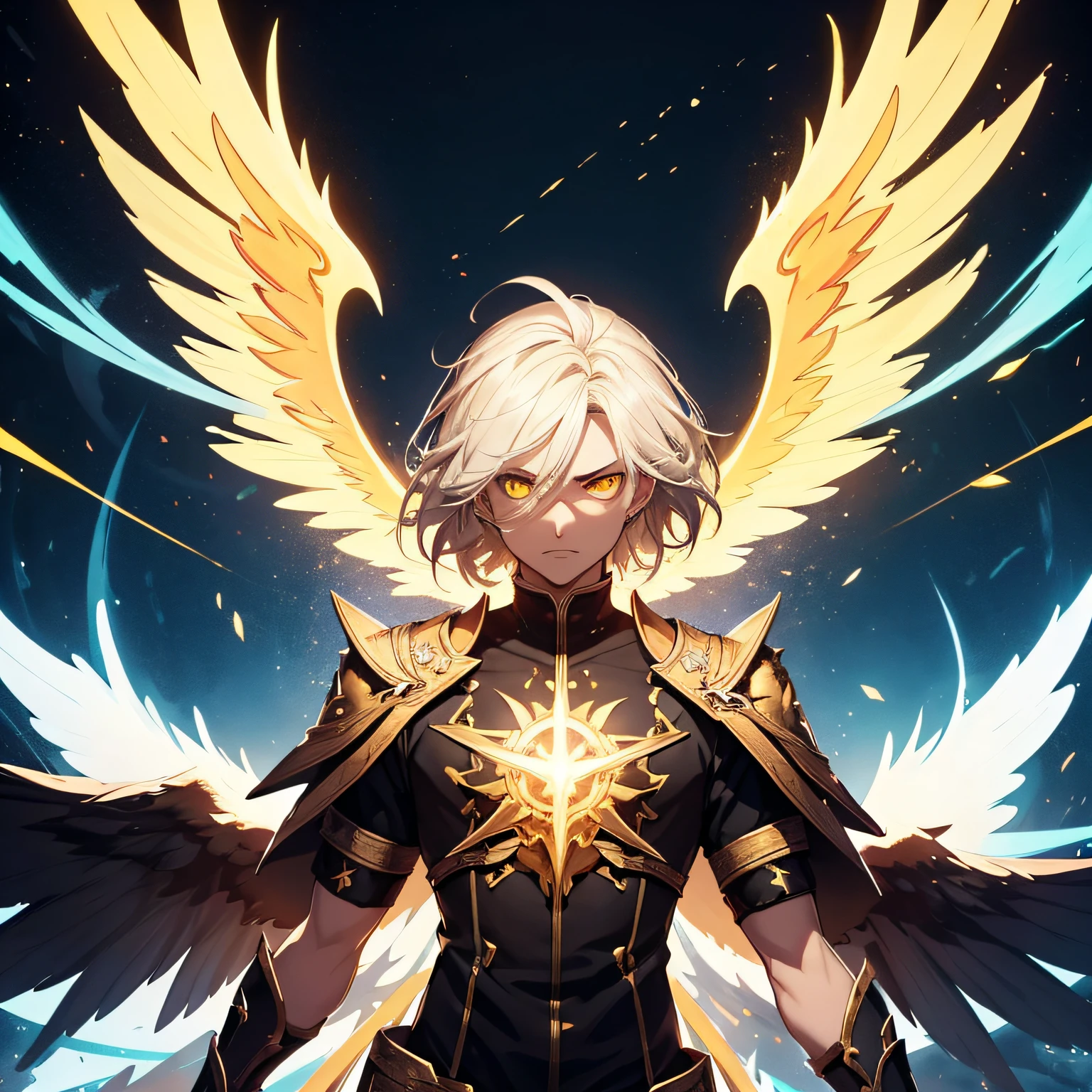 extremely rage male aasimar with wings, yellow magic bursting from the eyes, magic aura exploding