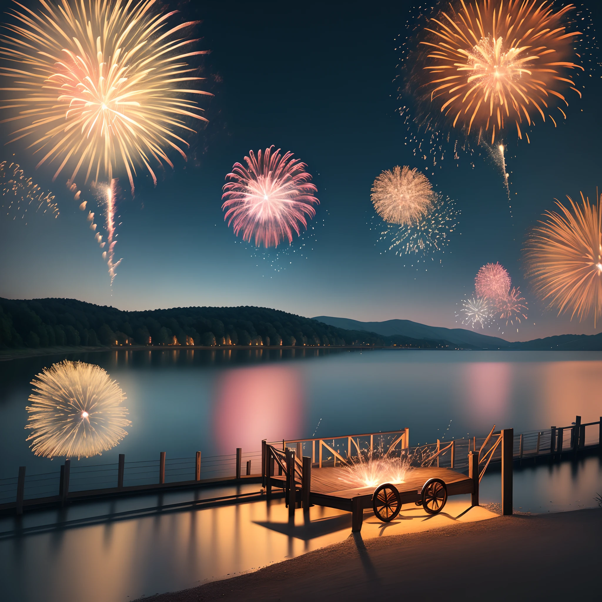 Fireworks night uninhabited reality by the lake
