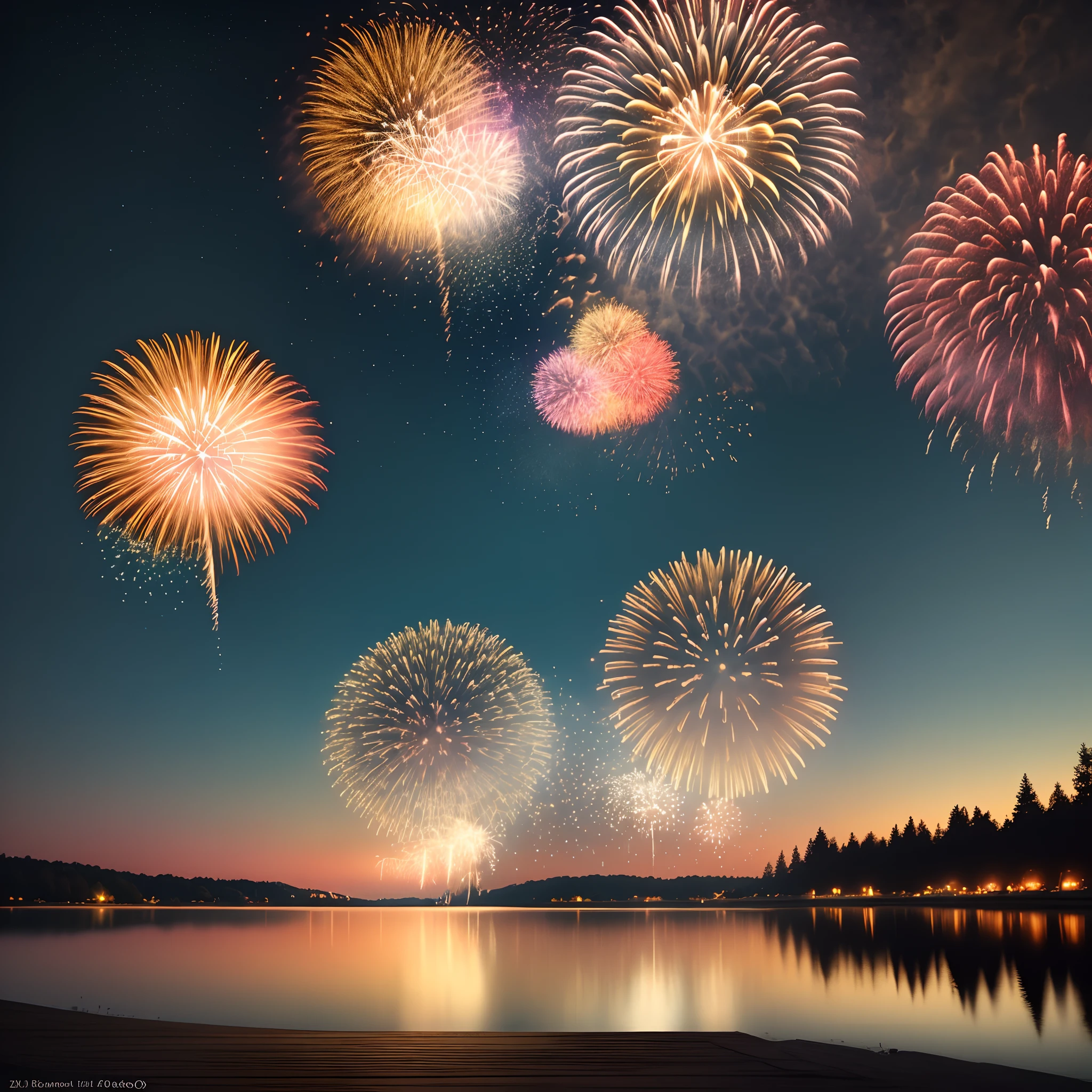 Fireworks night uninhabited reality by the lake