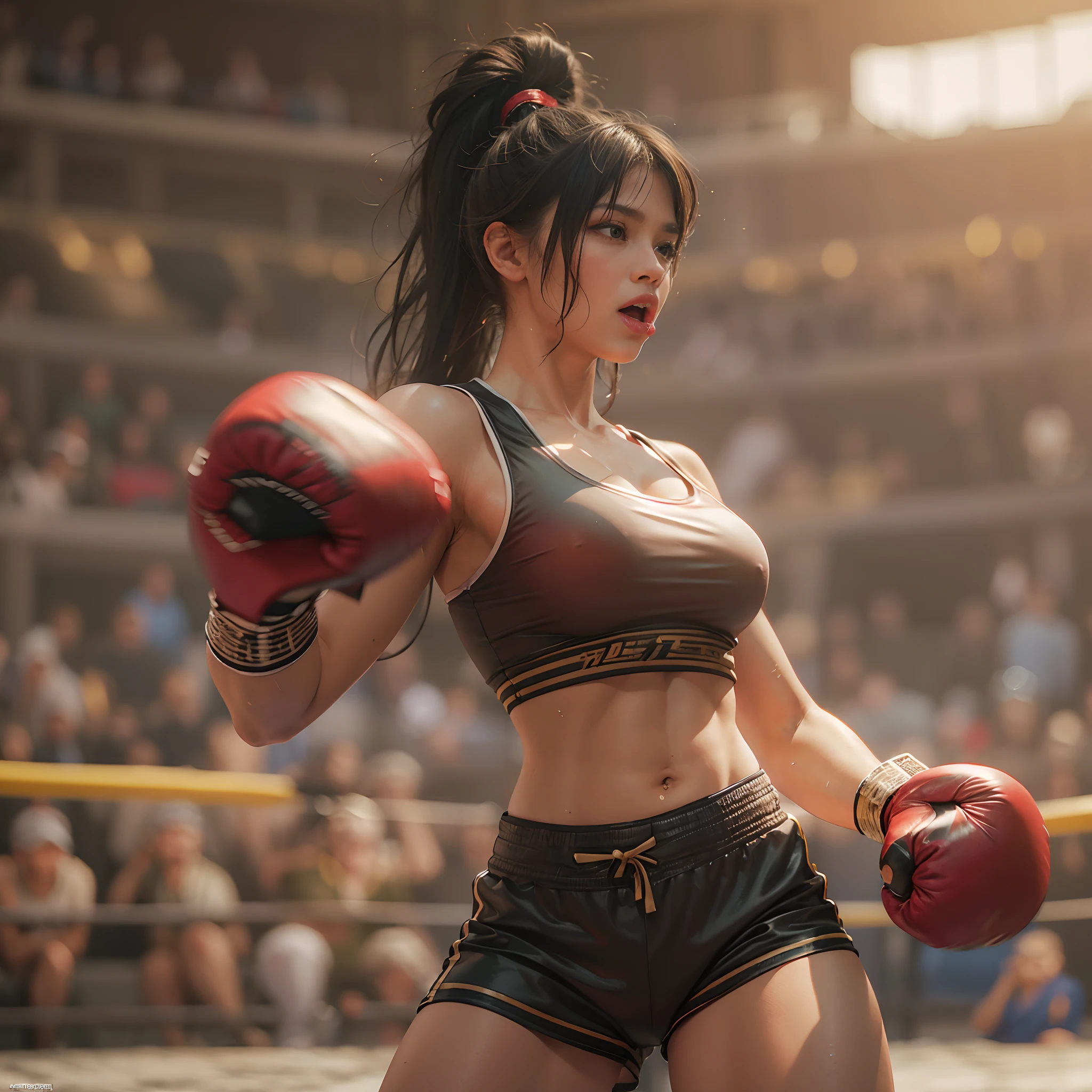8k, best quality, masterpiece, realistic, real person, Unity 8k wallpaper, (1 girl) , Beautiful eyes, (Delicate face) , Perfect detail, (best lighting) , (super complex details) , (boxing girl) , (sexy), sweat, heavy breathing, ((screaming with big mouth open))))(oppressive aggression) , (boxing ring), athletic shorts, perfect detail, perfect fingers, perfect limbs, impact, (shiny skin), abs, muscles, big tits, waistline,boxing shorts, fist fight, black hair, high ponytail, very long hair, 4k unified, (super detail cg: 1.2), (8k: 1.2), realistic, octane rendering, (((martial arts tournament at the Greek Colosseum))), sunshine strong, audience seats are super full
