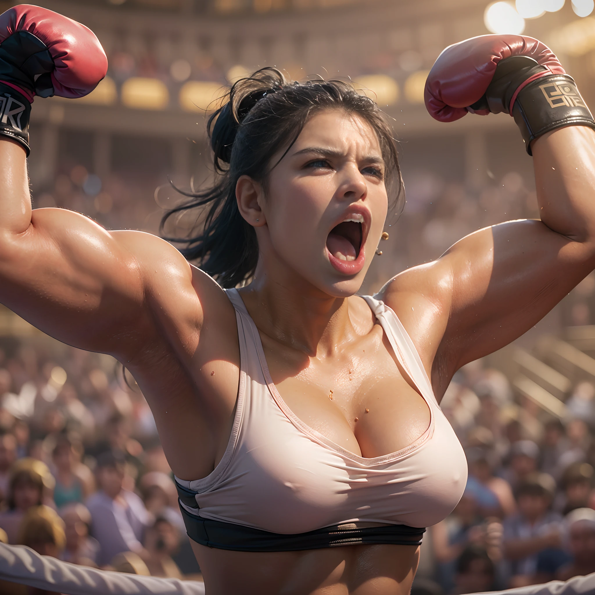 8k, best quality, masterpiece, realistic, real person, Unity 8k wallpaper, (1 girl) , Beautiful eyes, (Delicate face) , Perfect detail, (best lighting) , (super complex details) , (boxing girl) , (sexy), sweat, heavy breathing, ((screaming with big mouth open))))(oppressive aggression) , (boxing ring), athletic shorts, perfect detail, perfect fingers, perfect limbs, impact, (shiny skin), abs, muscles, big tits, waistline,boxing shorts, fist fight, black hair, high ponytail, very long hair, 4k unified, (super detail cg: 1.2), (8k: 1.2), realistic, octane rendering, (((martial arts tournament at the Greek Colosseum))), sunshine strong, audience seats are super full