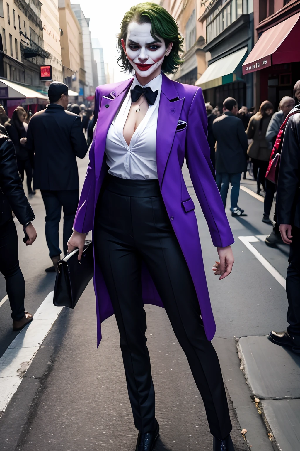 Joker dressed as a girl, full body shot, on the crowded street, giga_busty