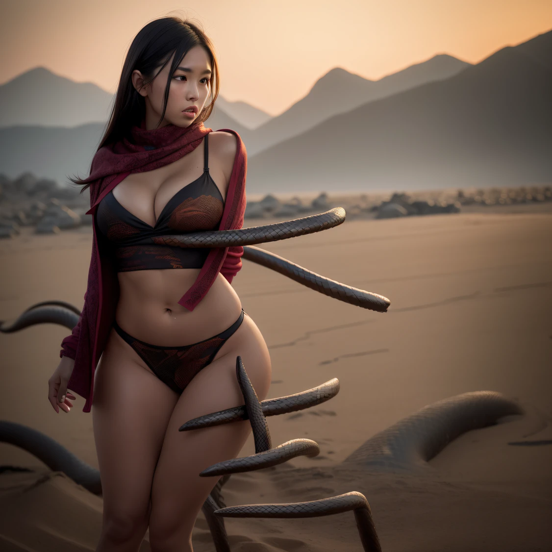 CG Giant Secret Realm，Asian women pose in colorful bikinis, Realistic secret manga girl rendering, detailed face of a asian girl, Realistic in the secret world, Smooth CG art, Realistic. Cheng Yi, Realistic secret style, A lovely secret rendering, Rendu portrait 8k, Render character art 8 K, Kawaii realistic portrait， （Linen batik scarf）， Angry fighting stance， looking at the ground， Batik linen bandana， Chinese python pattern long-sleeved garment，Uncharted（Abstract propylene splash：1.2）， Dark clouds lightning background，废墟（realisticlying：1.4），Black color hair，Flour fluttering，Telephoto lens high， A high resolution， the detail， RAW photogr， Sharp Re， Nikon D850 Film Stock Photo by Jefferies Lee 4 Kodak Portra 400 Camera F1.6 shots, Rich colors, ultra-realistic vivid textures, Dramatic lighting，8K quality, Girls，Backstreets， Dark clouds lightning background（realisticlying：1.4），Black color hair，Uncharted， RAW photogr， Sharp Re， Nikon D850 Film Stock Photo by Jefferies Lee 4 Kodak Portra 400 Camera F1.6 shots, Rich colors, ultra-realistic vivid textures, Drama light film CG society，Tropical canyon battle scene、Chinese big breasts、Vintage trench coat、three kingdom、ember、100 people、Faraway view、intense battles、high detal、masuter piece、NSFW，Multi-layered long-sleeved gauze garment，Quick-dry vest，Colorful cotton and linen sweater，Red and black snake cloak cloak，Doomsday ruins（Uncharted）Climb the streets（Armageddon）eyes filled with angry，He clenched his fists