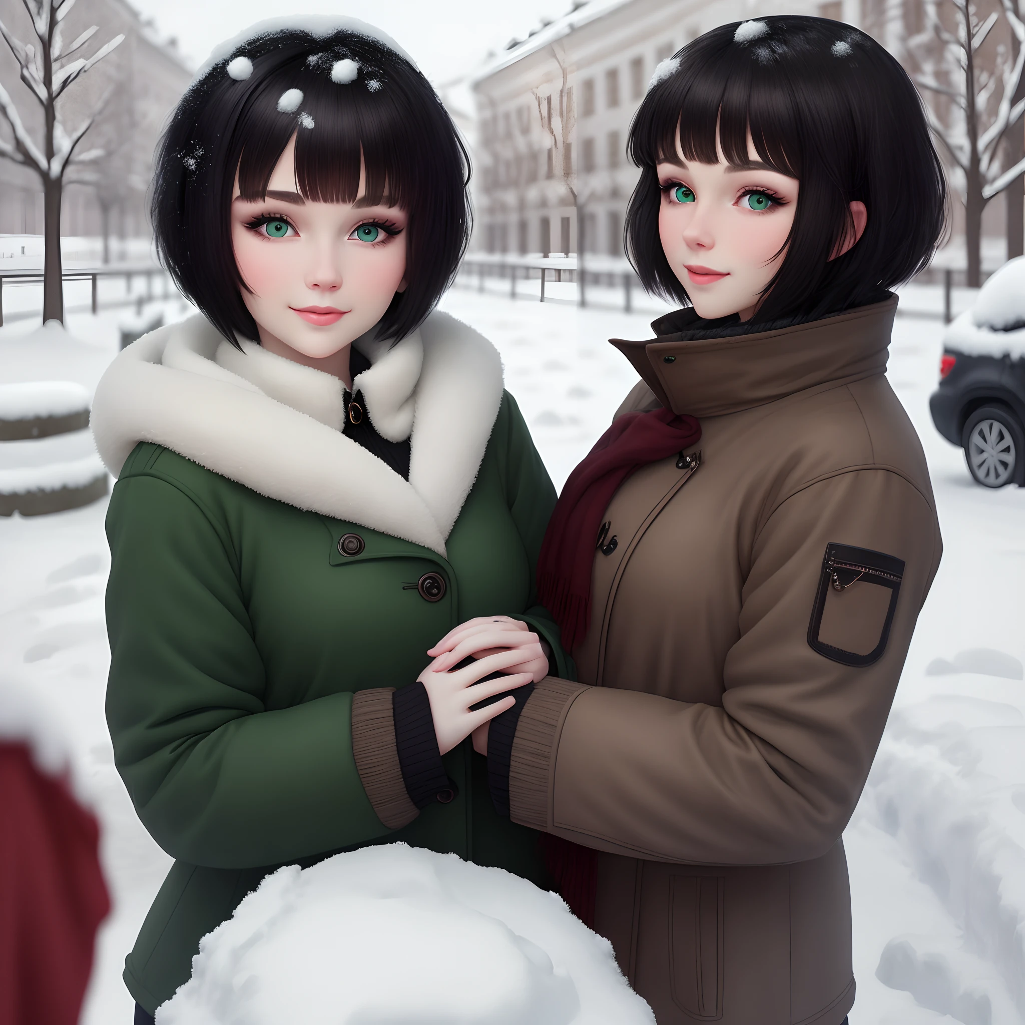 Russian woman with short black hair with bangs, cute, snowy Moscow background with round nose and green pretty eyes