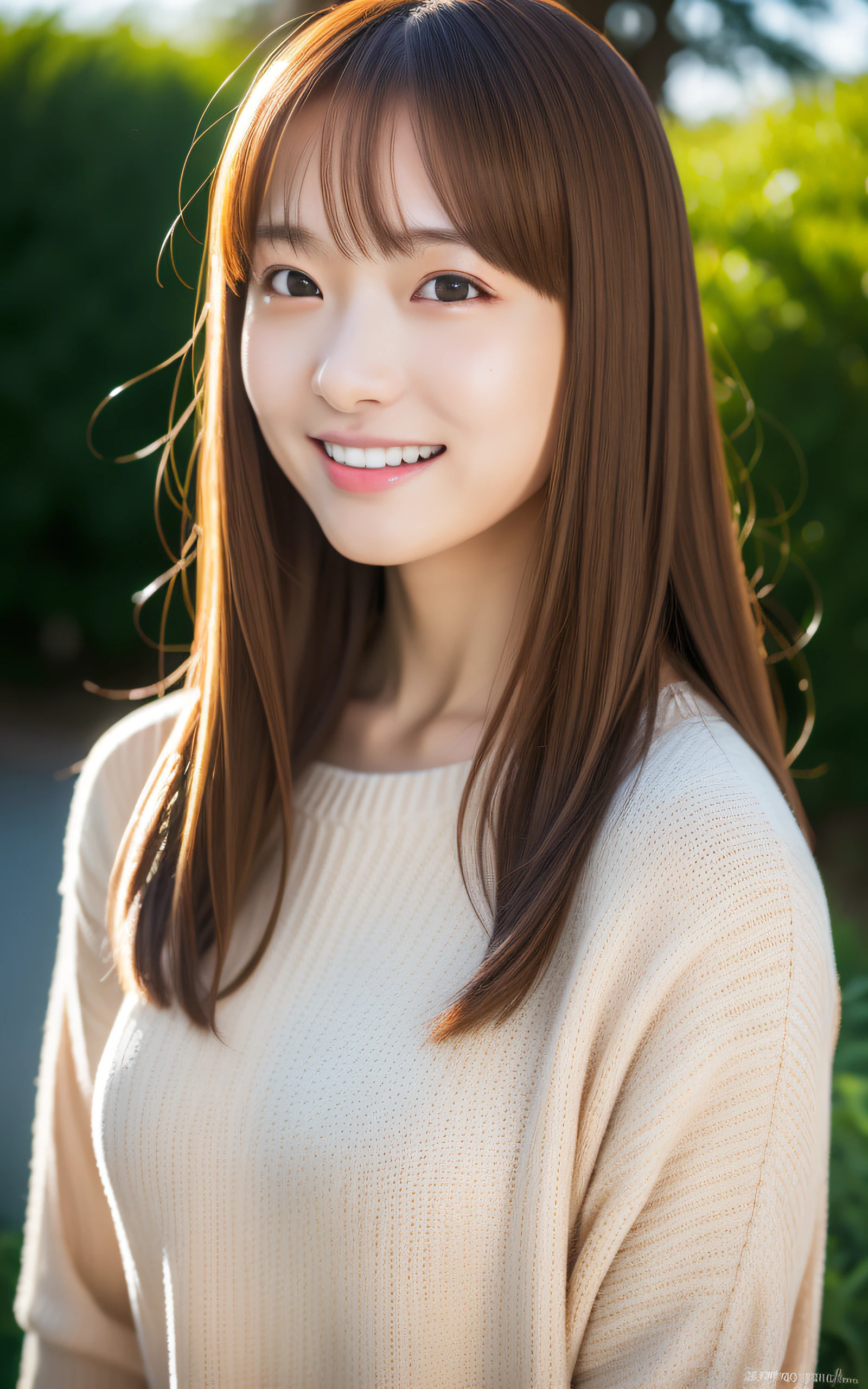 (masutepiece:1.3), (8K, Photorealistic, Raw photography, Best Quality: 1.4), Soft light, Professional Lighting, 1girl in,  , Neat and clean beauty, Closed mouth, Smile, Brown medium hair, Outdoors