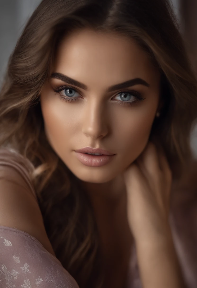 Arafed woman completely , fille sexy aux yeux bruns, ultra realist, Meticulously detailed, Portrait Sophie Mudd, cheveux bruns et grands yeux, selfie of a young woman, Dubai Eyes, Violet Myers, sans maquillage, maquillage naturel, looking straight at camera, Visage avec Artgram, Maquillage subtil, Great photo of the whole body kneeling on the bed, dans la chambre, Medium to large bust