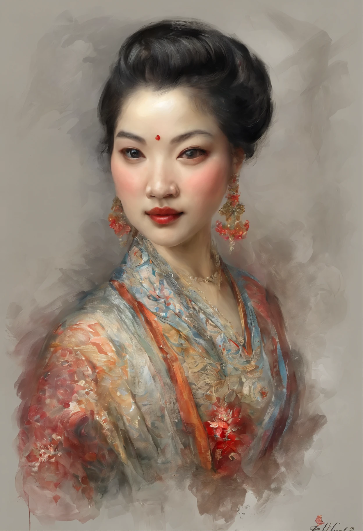 (The upper part of the body:1.5),(White background:1.4),((tachi-e)),Original,(illustratio:1.1),(best qualtiy),(tmasterpiece:1.1),(Very detailed CG unity 8k wallpaper:1.1 ), (a color:0.9),(in a panoramic view:1.4),(full bodyesbian:1.05),(solo person:1.2),(Splash ink),((aquarelle)),Clear and sharp,{ 1girl standing},((China-style)),florest background,exteriors,Rochas,Look at the viewer,Make happy faces,softl smile,chaste,Beautifully detailed face and eyes,Beautifully intricate garment pattern details,Black hair,黑The eye,Colored watercolor