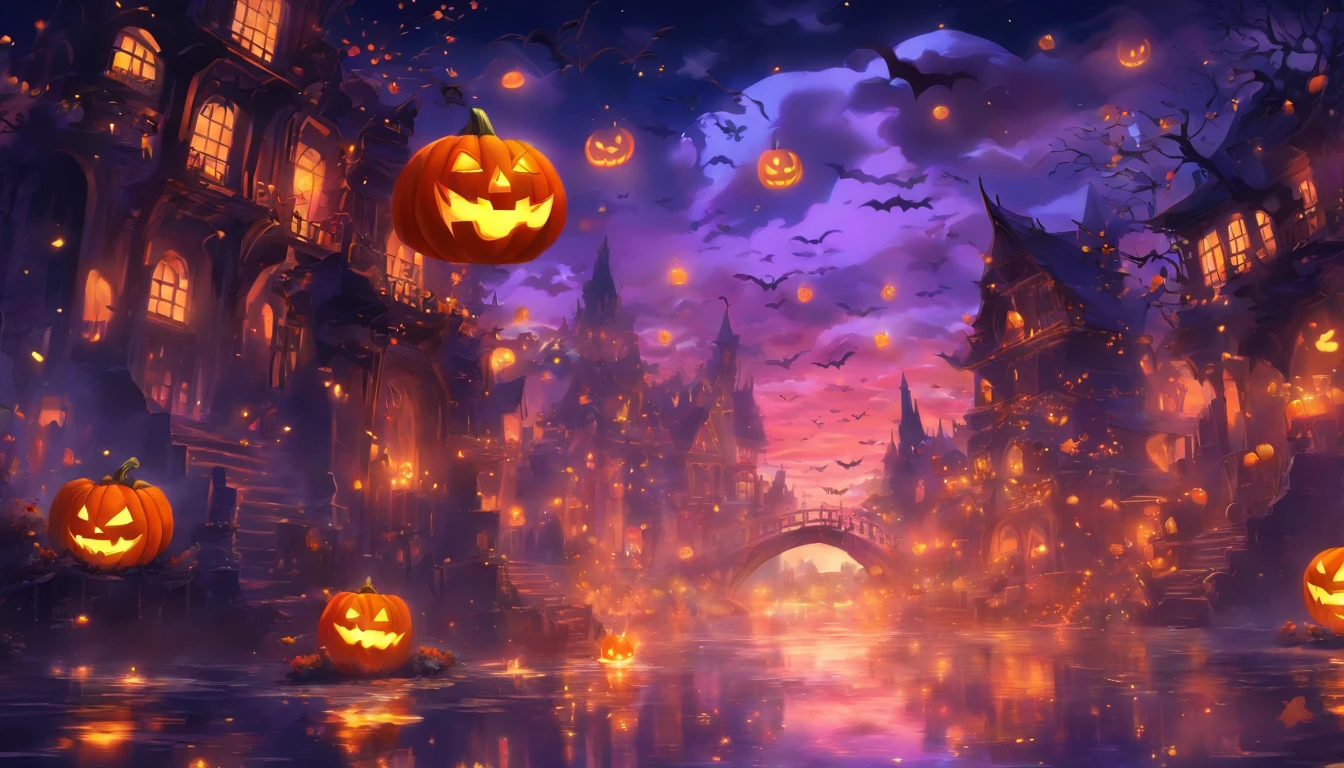 Halloween Floating Lights, Light and reflection in the film, glowing lights, Intermediate elements of the metaverse，Digital Painting, Bright Reflections, reflect, Halloween Jack-o'-lantern, Quiet night, Digital Illustration, lovely atmosphere, Skylight at night, Quiet atmosphere at night, Jack-o'-lantern, Halloween, it is night, Ten, The game scene, Halloween, Surrounded by clouds, New York's Buildings, Enamel Tile,  beautifuly color, There are three arches in the foreground((Tinte Placing Ink ) ), ((splashing ink) inky})), tmasterpiece, High career, graphics beautiful, high details,magnifica