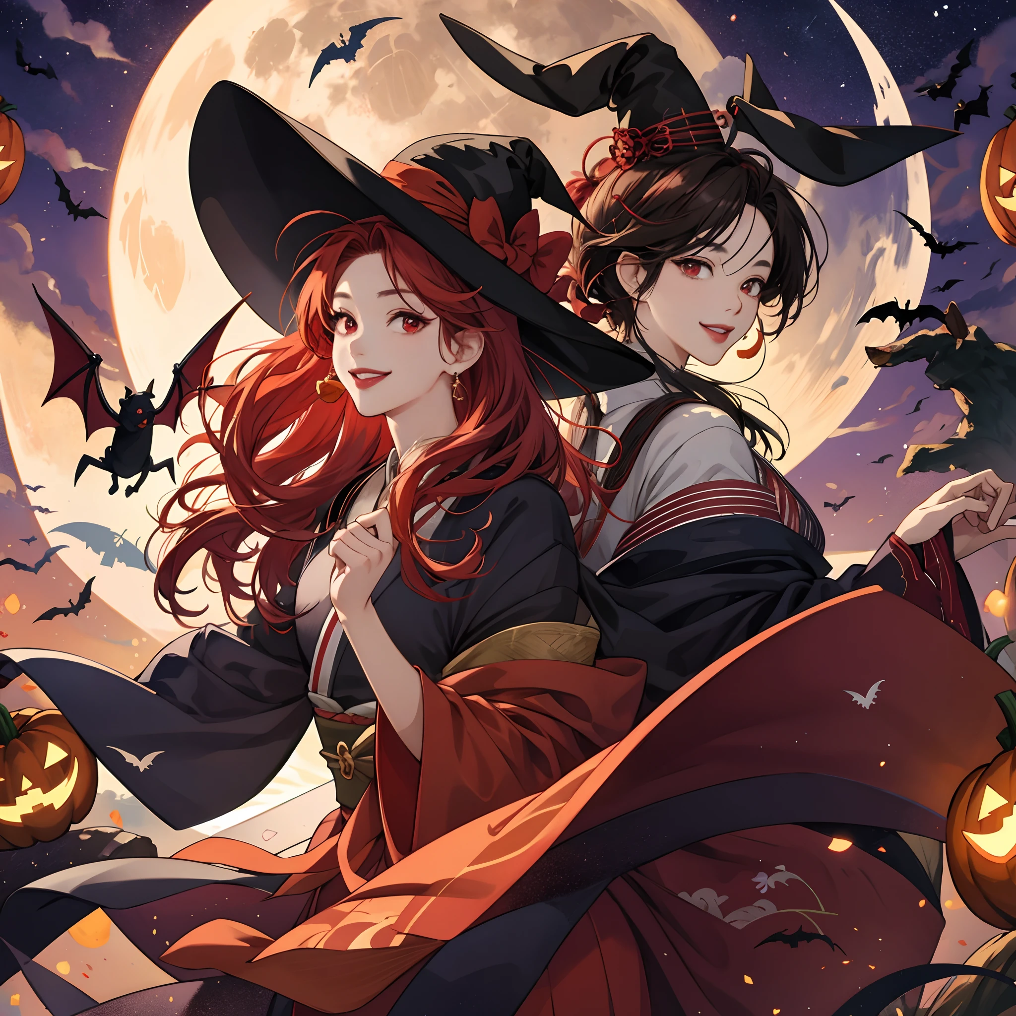 ​masterpiece、top-quality、16 K、8K、4K、hight resolution、ultra-detailliert、Hirohiko Araki、Ocean wind、1 beautiful woman、The upper part of the body、japanes、big eye、Red Eyes、Looking at this、Grinning smile、Thicker lips、red lipsticks、Slender eyes、Red-haired、Okappa、Tricorn hat on the head、Sorcerer's clothes、Holding a wand、Full Moon Night、the bats、Halloween、Jack-o'-lantern、pumpkins、