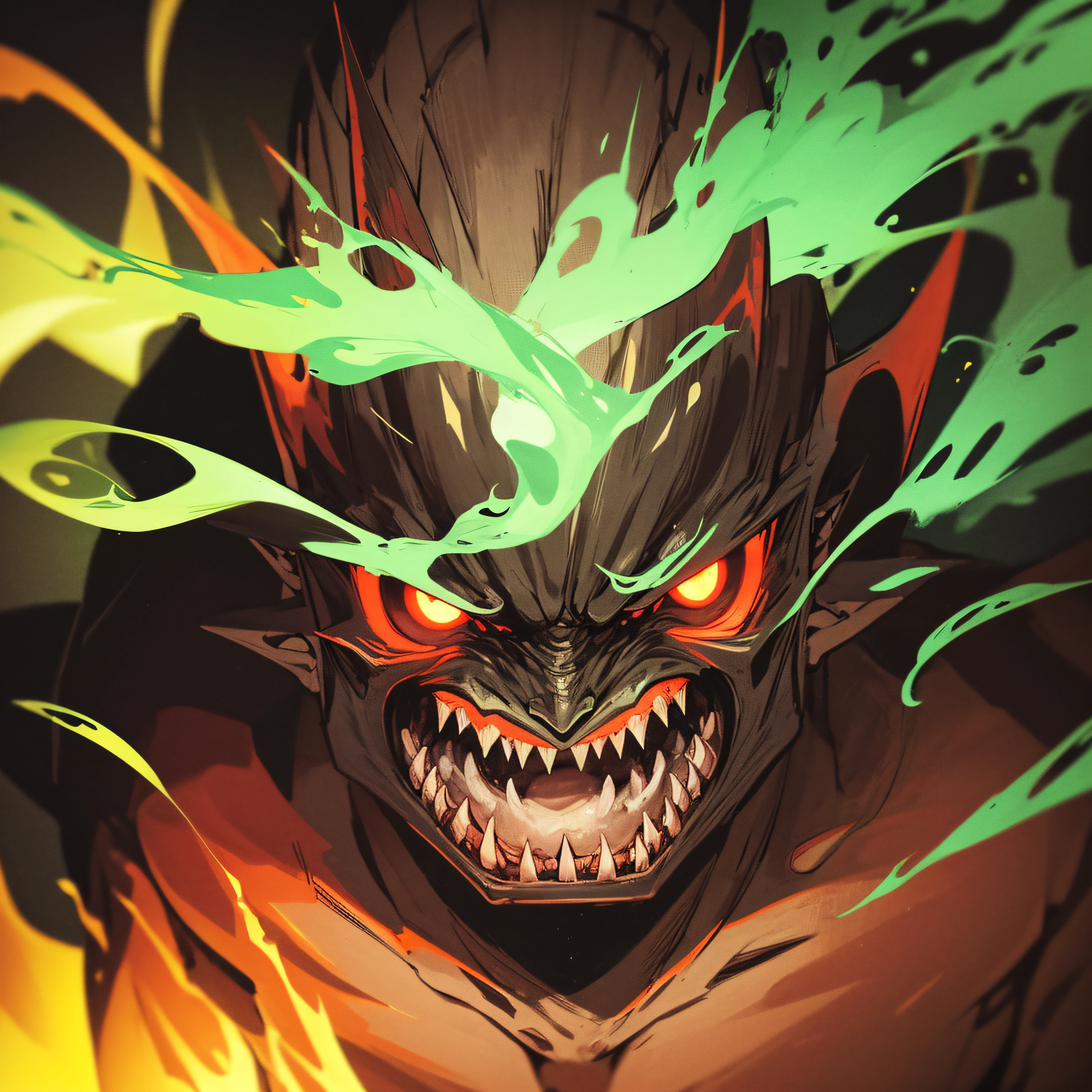 DAEMON, hell face, sharp teeth, green smoke from eyes, hell background,glowing from aura