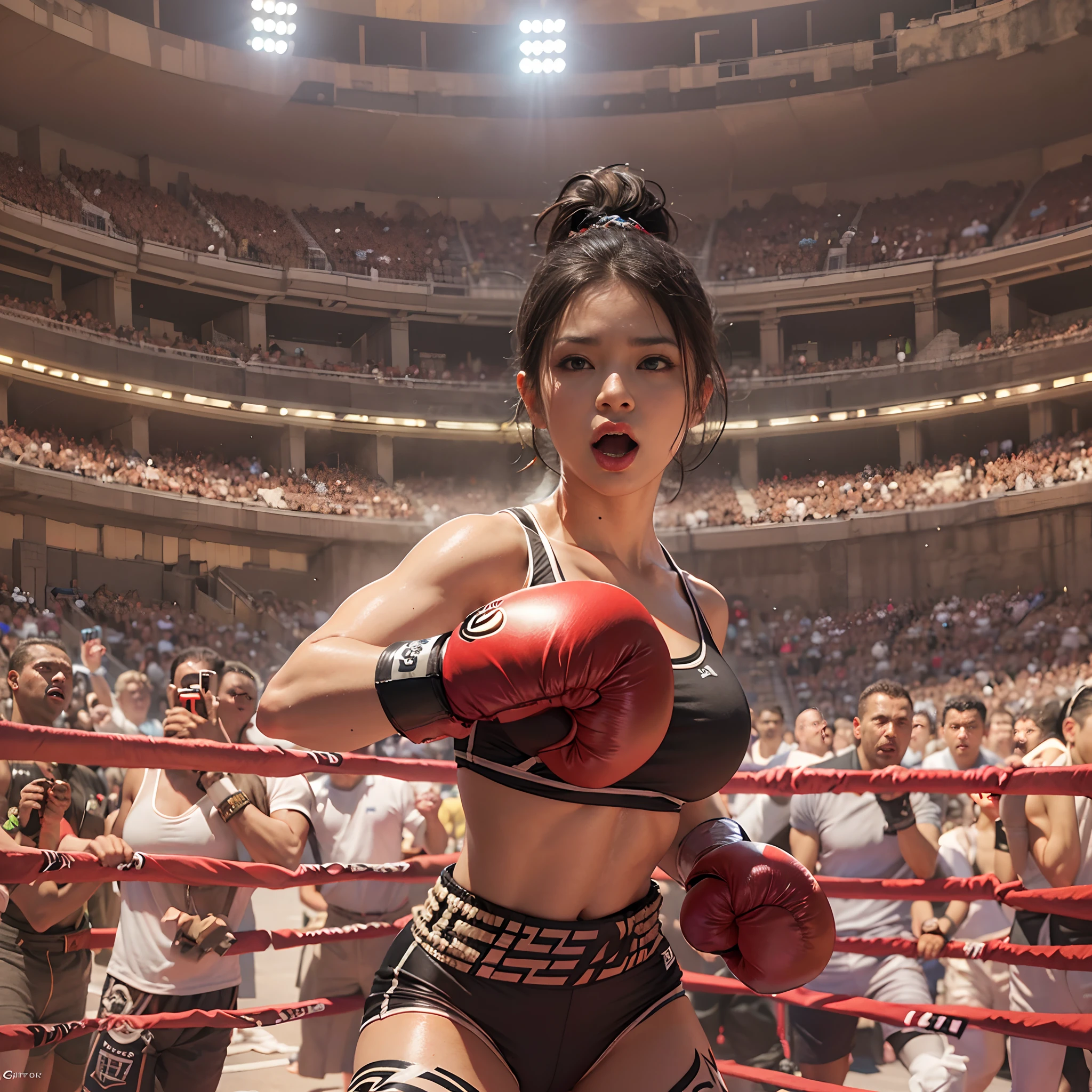 8k, best quality, masterpiece, realistic, real person, Unity 8k wallpaper, (1 girl) , Beautiful eyes, (Delicate face) , Perfect detail, (best lighting) , (super complex details) , (boxing girl) , (sexy), sweat, heavy breathing, ((screaming with big mouth open))))(oppressive aggression) , (boxing ring), athletic shorts, perfect detail, perfect fingers, perfect limbs, impact, (shiny skin), abs, muscles, big tits, waistline,boxing shorts, fist fight, black hair, high ponytail, very long hair, 4k unified, (super detail cg: 1.2), (8k: 1.2), realistic, octane rendering, (((martial arts tournament at the Greek Colosseum))), sunshine strong, audience seats are super full
