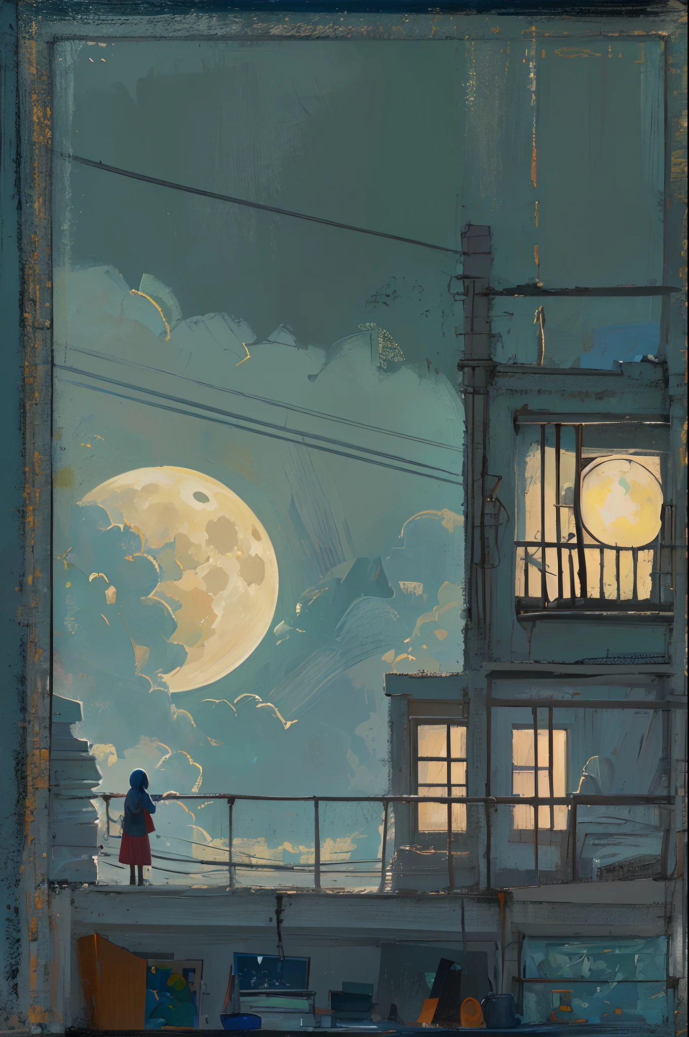 A woman watches the moon from her room.(contemporary art like a picture book )(flat oil painting)(simplified)(low saturation)(outline in crayon)(many margins)(less is more)