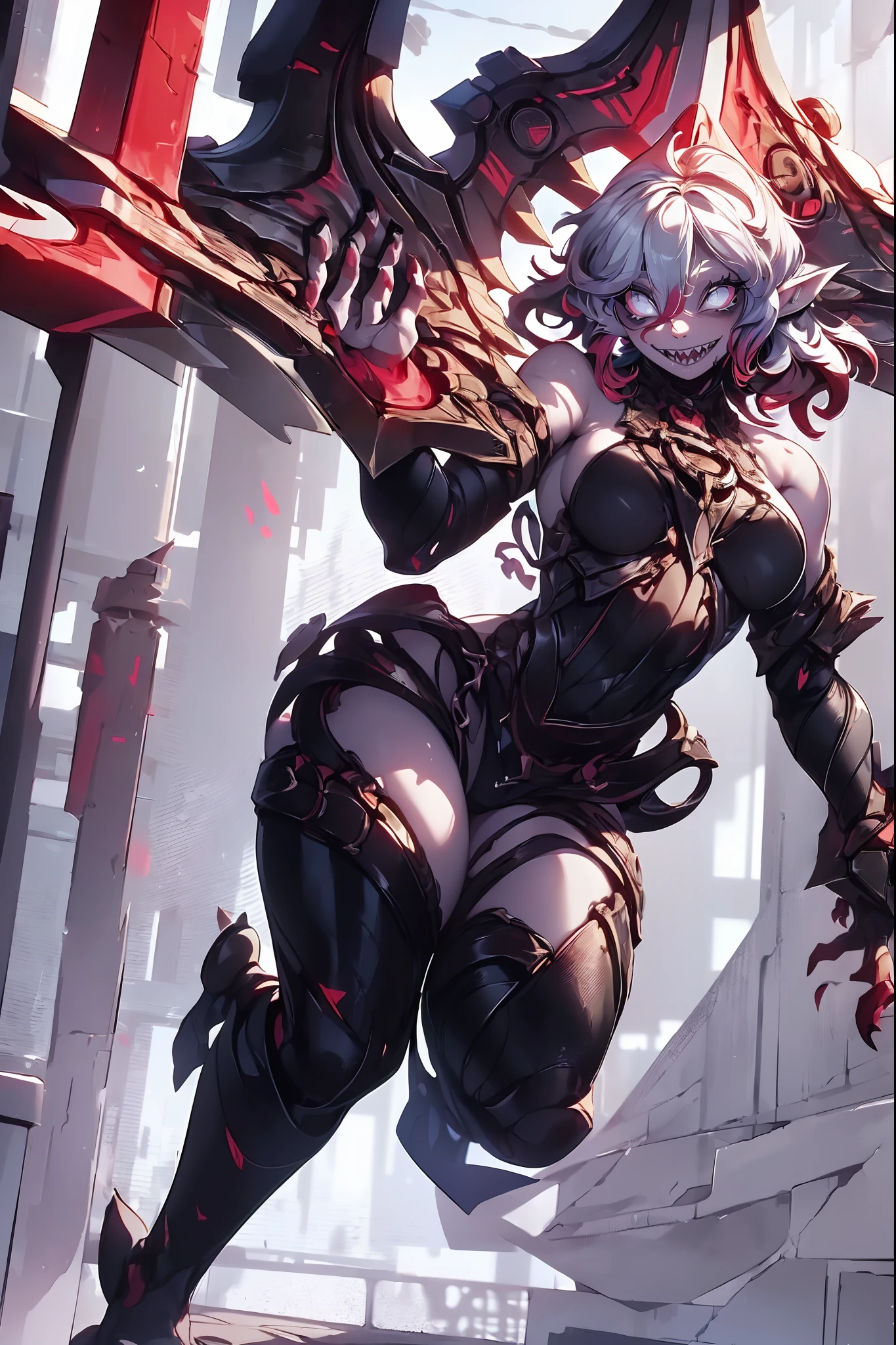(masterpiece, best quality, ultra-detailed), 1girl, BriarLoL, grey skin, white hair, short hair, (pointy ears, sharp teeth), looking at viewer, standing, full body, bat wings, standing