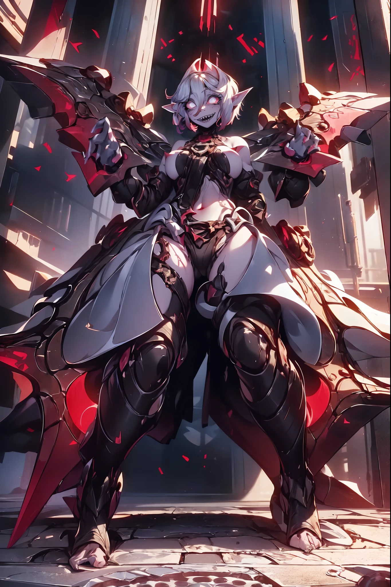 (masterpiece, best quality, ultra-detailed), 1girl, BriarLoL, grey skin, white hair, short hair, (pointy ears, sharp teeth), looking at viewer, standing, full body, bat wings, standing