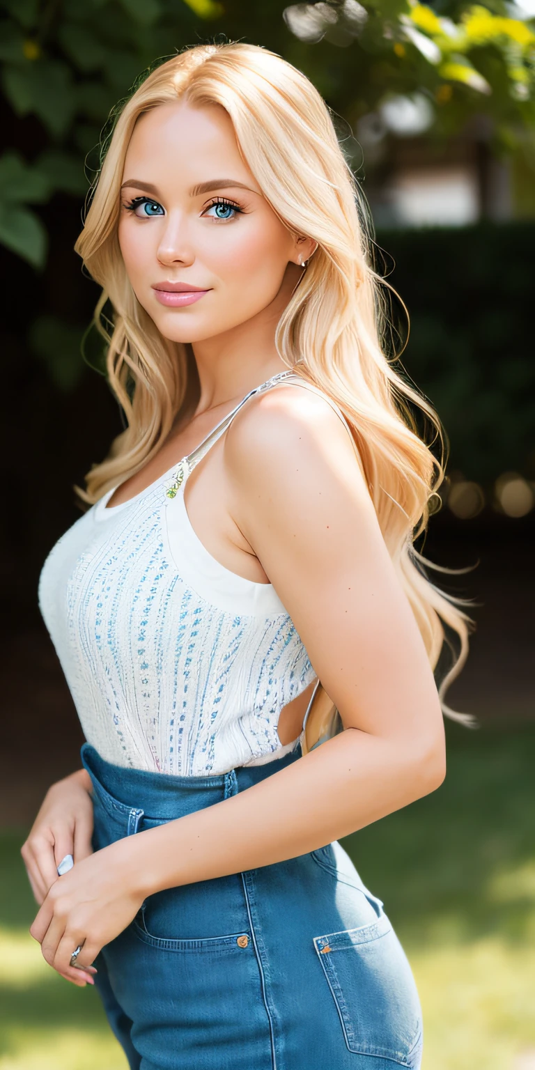 A photorealistic portrait of a 25-year-old American girl with long, flowing blonde hair and striking blue eyes. She should have a natural, approachable expression and be illuminated by soft, golden-hour sunlight. The background should be a scenic outdoor setting, perhaps a sunlit park or beach. Capture this image with a high-resolution photograph using an 85mm lens for a flattering perspective."