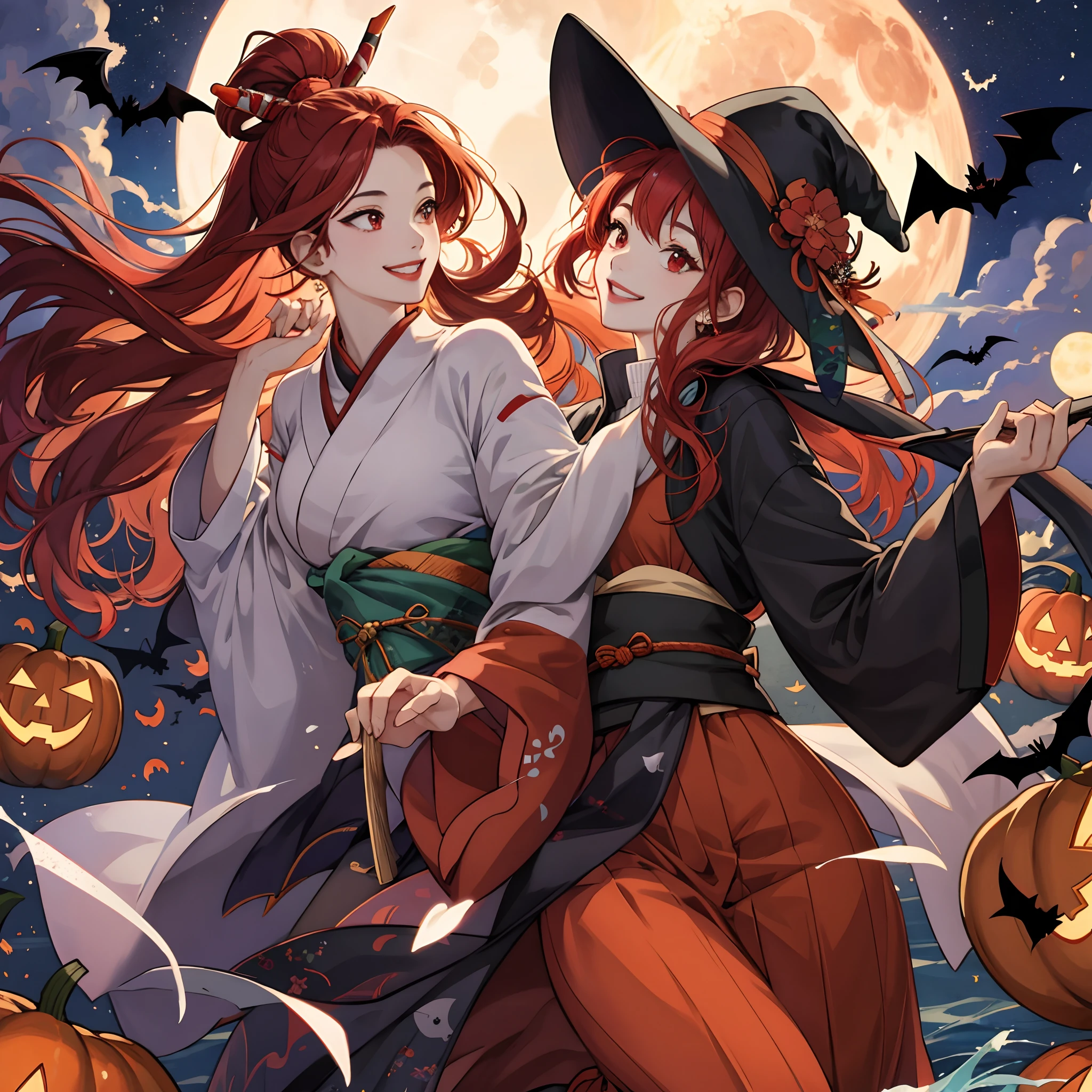 masterpiece、top-quality、16 K、8K、4K、hight resolution、ultra-detailliert、Hirohiko Araki、Ocean wind、1 beautiful woman、The upper part of the body、japanes、big eye、Red Eyes、Looking at this、Grinning smile、Thicker lips、red lipsticks、Slender eyes、Red-haired、Okappa、Tricorn hat on the head、Sorcerer's clothes、Holding a wand、Full Moon Night、the bats、Halloween、Jack-o'-lantern、pumpkins、