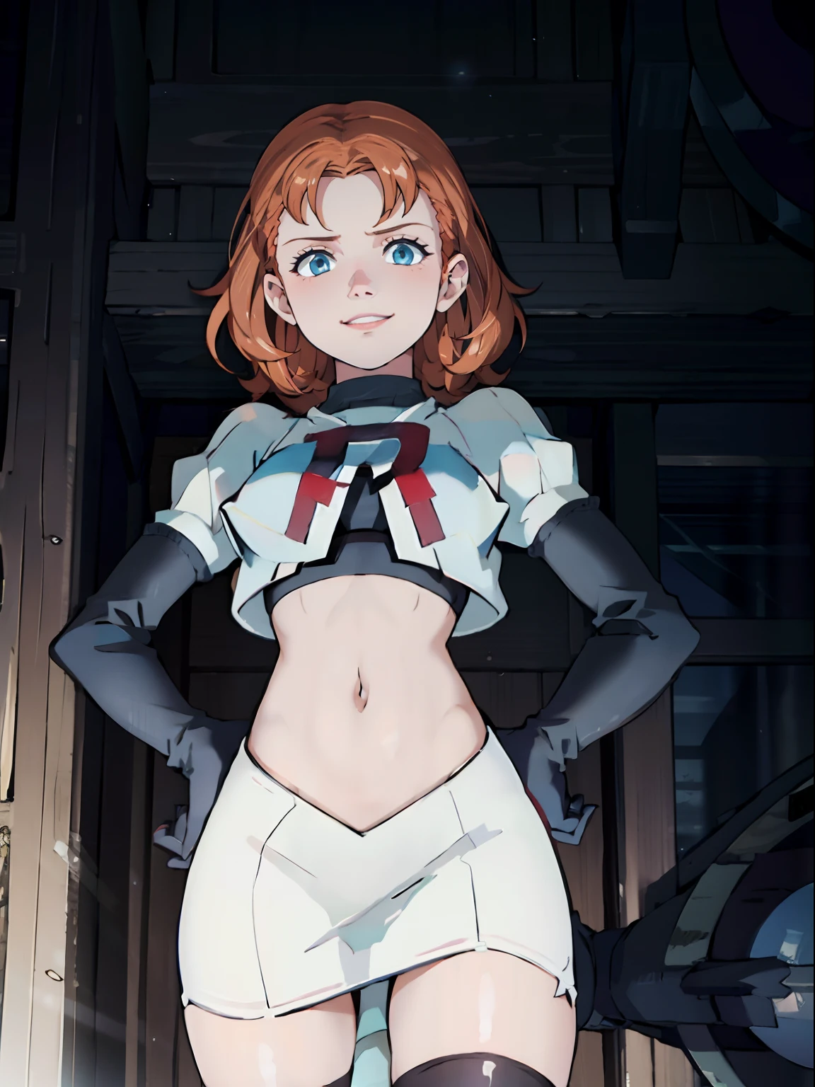 face of annette_war, 1girl,team rocket,team rocket uniform, red letter R, white skirt,white crop top,black thigh-highs,black elbow gloves, looking down on you, sinister smile, hands on hips, looking at viewer,