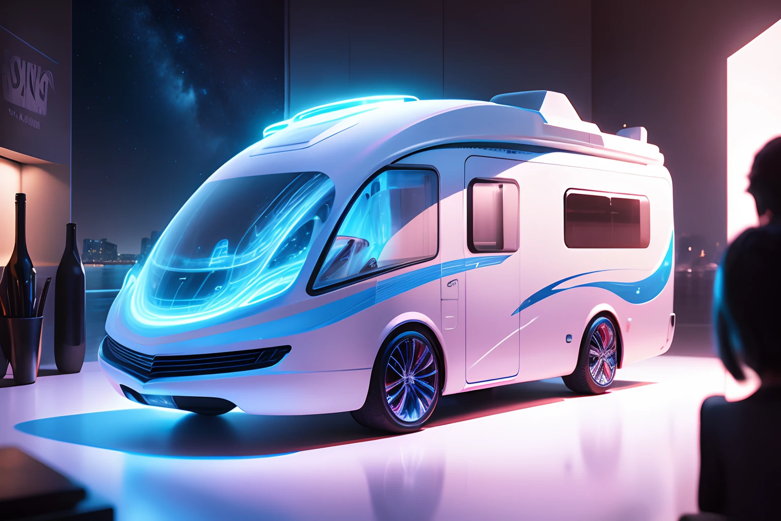 The high-tech feel of an RV, Side lens, Super cool shape; by the sea; CreativeDesign, futuristic design, neonlight, metallic  luster