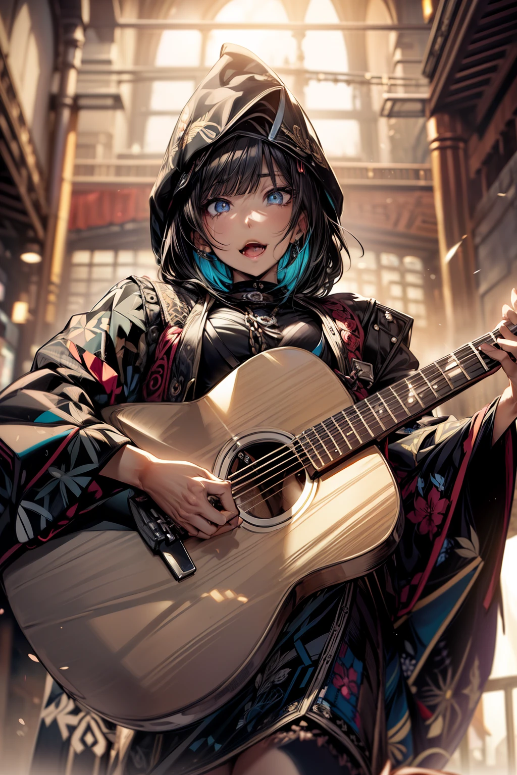 Huza、Poncho 、1girl in, hoods、Poncho、masterpiece, detailed shadow, Detailed light, ighly detailed, top-quality, hard disk, 4K, hightquality,细节、Acoustic guitar in hand、Ahegao , Silly,Sexual ecstasy,Drunken eyes,Blunt bangs, Black hair,(masutepiece:1.2, Best Quality), (finely detailed beautiful eye: 1.2), (Detailed background,Dark Fantasy), (beautifull detailed face), High contrast, (Best Illumination, extremely delicate and beautiful), ((Cinematic Light)), Colorful, Hyper Detail, Dramatic light, Intricate details,Full body、A dark-haired、Ahegao ( Silly / Sexual ecstasy)、Cross-eyed、Stranger、View other people、Blunt bangs、 over-kneehighs,Ahegao , Silly,Sexual ecstasy,Drunken eyes,Blunt bangs,,(masutepiece:1.2, Best Quality), (finely detailed beautiful eye: 1.2), (Detailed background,Dark Fantasy), (beautifull detailed face), High contrast, (Best Illumination, extremely delicate and beautiful), ((Cinematic Light)), Colorful, Hyper Detail, Dramatic light, Intricate details,