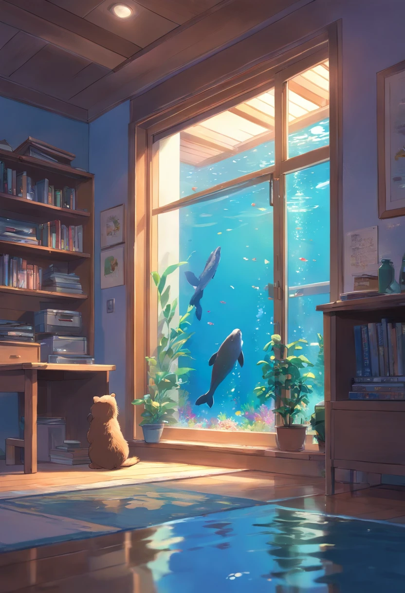 (Best quality,highr:1.2),Fotorrealista,anime big breast,Cute little sea otter,(natta,Moonlight poured in from the little sea otter's bedroom window,Illuminated a corner of the room。The little sea otter walked into the living room,Under the light, you can see the colorful fish in the fish tank slowly moving。)