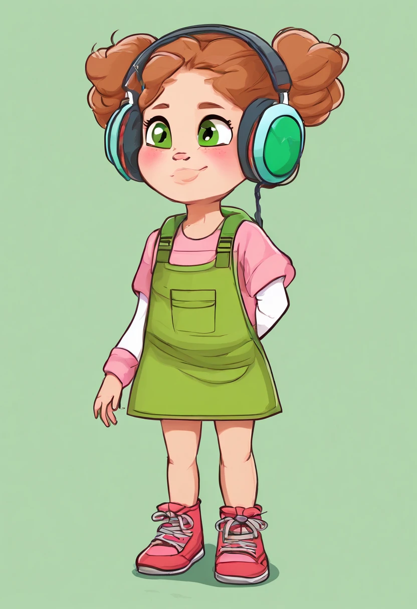 Generate artwork , vitromorfismo, girl, multiple poses and expressions, white background, children's book illustration style, simple, cute, 6 years old, bright colors, light skin, light brown hair with two buns, red dress, high white boots, green eyes, headphones ear with cat ears