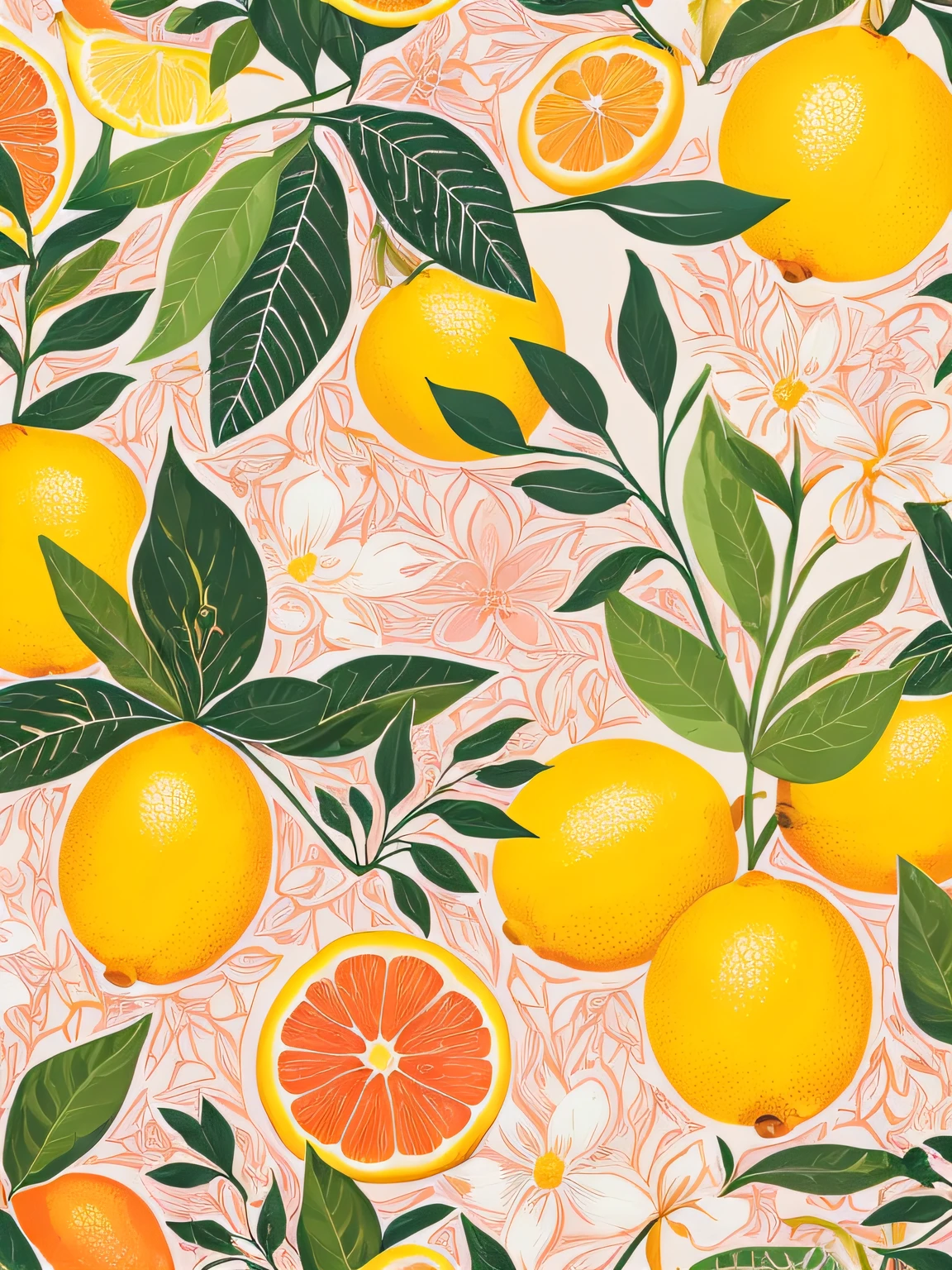Orange and lemon pattern on pink background, author:Carey Morris, author:Laura Wheeler Wallin, author:Jeka Kemp, Detailed illustrations, lemons, arms of lemons, wallpaper design, detailed gouache paintings, oranges, summer color pattern, wallpaper pattern, author:Elsie Vera Cole, author:Ross O'Neill, author:Arnold Jones, Illustrations