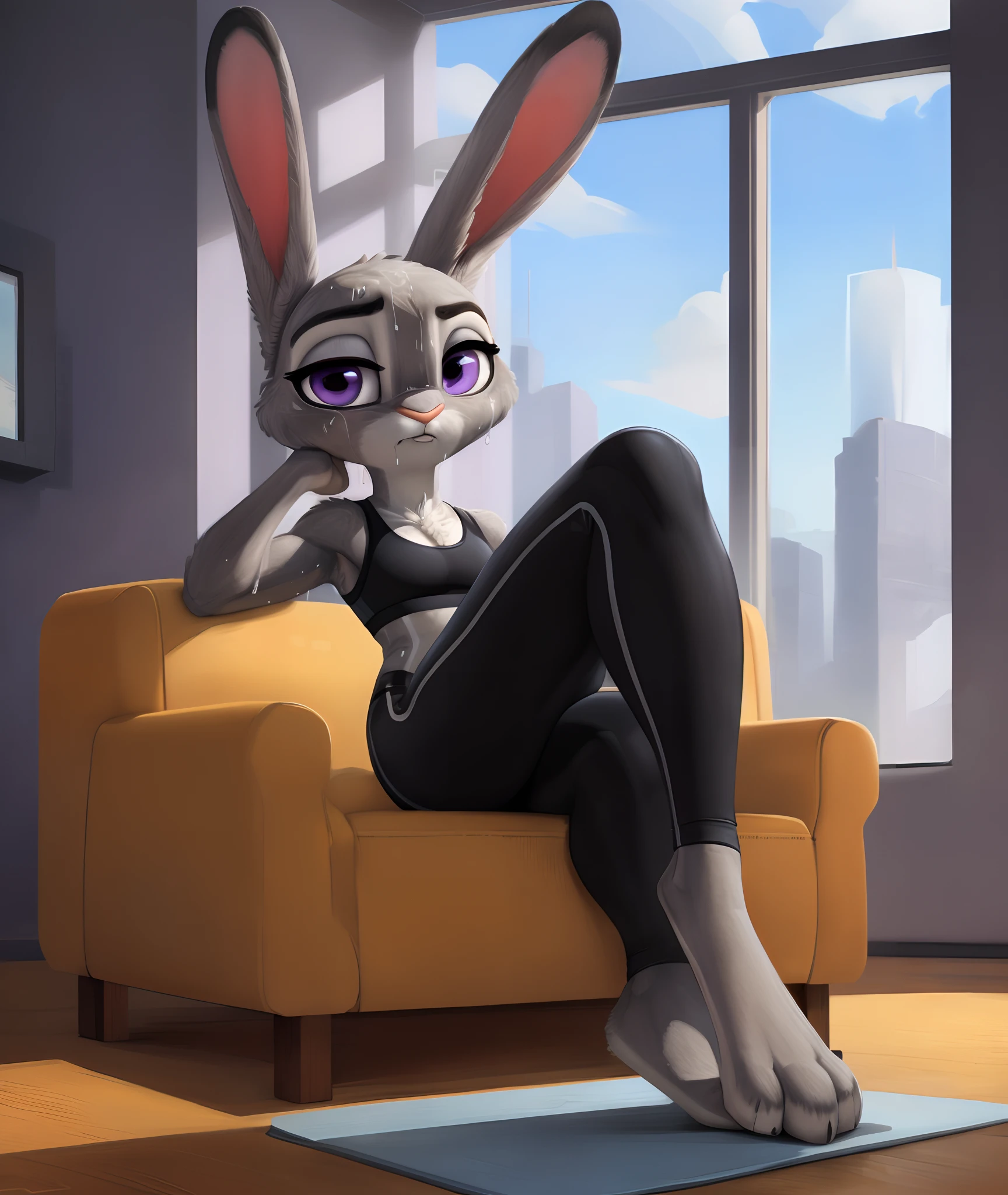 [JudyHopps], [Uploaded to e621.net; (Pixelsketcher), (wamudraws), (siroc)], ((masterpiece)), ((HD)), ((hogh wuality)), ((solo portrait)), ((front view)), ((full body)), ((feet visible)), ((detailed shading)), ((cel shading)), ((intricate details)), ((furry; anthro)), ((detailed fur)), ((beautiful render art)), {anthro rabbit; grey fur, black nose, rabbit ears, cute purple eyes, (gorgeous hips), (beautiful feet), (beautiful legs), (sweat on face), (expressionless)}, {(light purple sports bra), (black spandex yoga pants)}, {(laying on couch), (looking at viewer)}, [background; (living room), (window), (blue sky), (sun rays)]