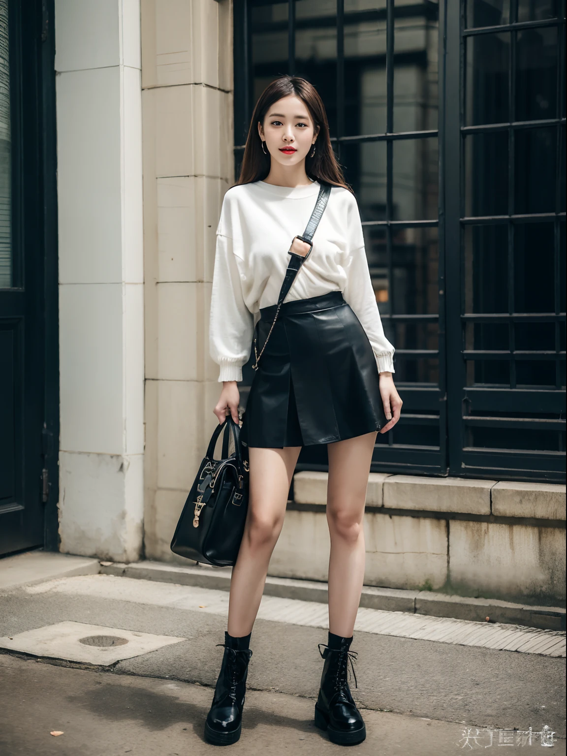 (RAW photo:1.2), (Photorealistic:1.4),Beautiful detailed woman,very detailed eyes and faces, A detailed eye, ultra - detailed, A high resolution, The is very detailed,best qualtiy,illustratio,unified,8k 壁纸,tmasterpiece,best qualtiy,1 group of girls standing side by side,full bodyesbian, 1girll,Solo,Stylish clothes,a skirt,pleatedskirt,carryng bag,long whitr hair,Boots,jewely,full bodyesbian,brown hair,Fashionab,Black shoes,耳Nipple Ring,standing on your feet,with brown eye,realisticlying