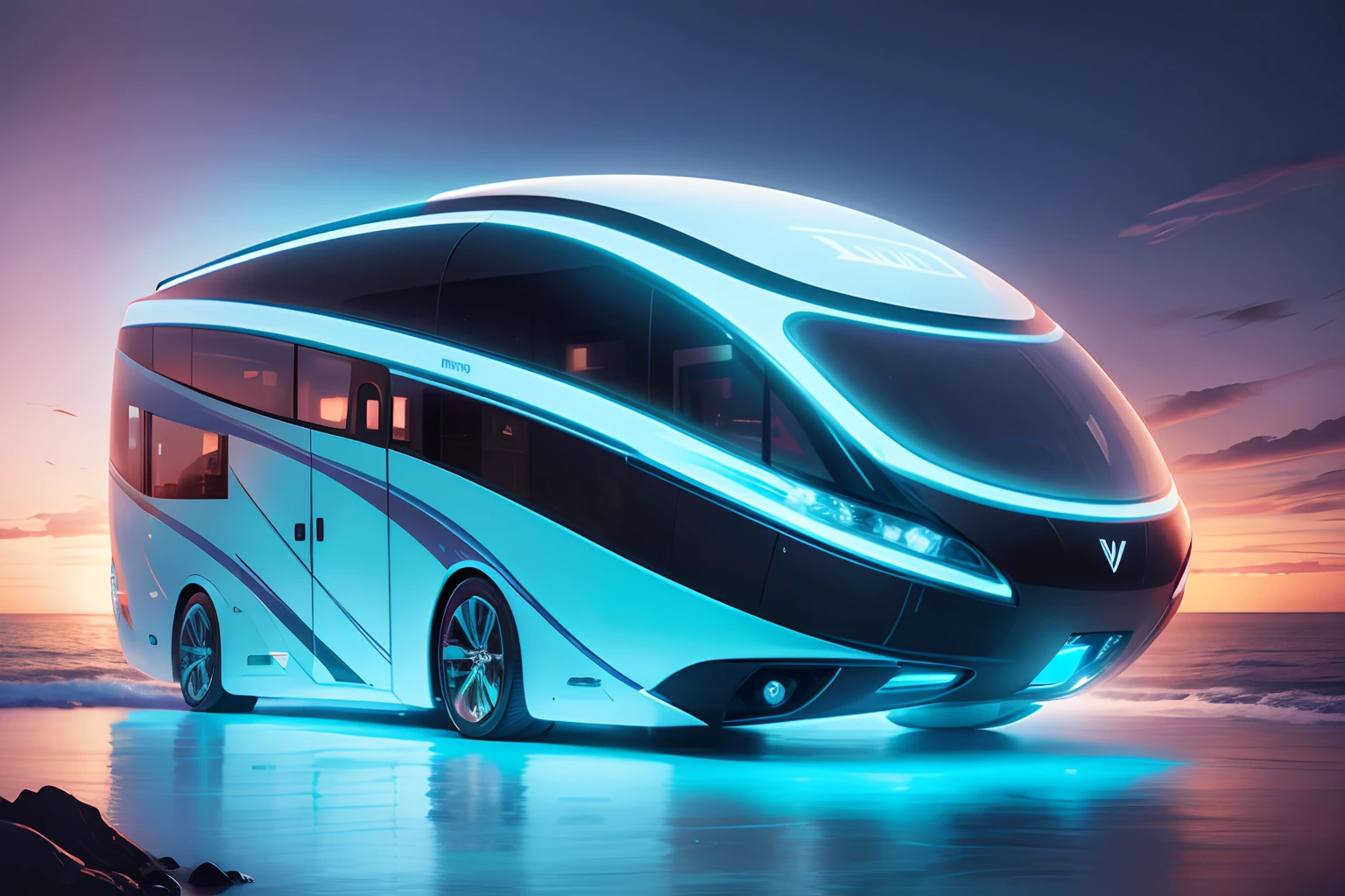 The high-tech feel of an RV, Side lens, Super cool shape; by the sea; CreativeDesign, futuristic design, neonlight, metallic  luster