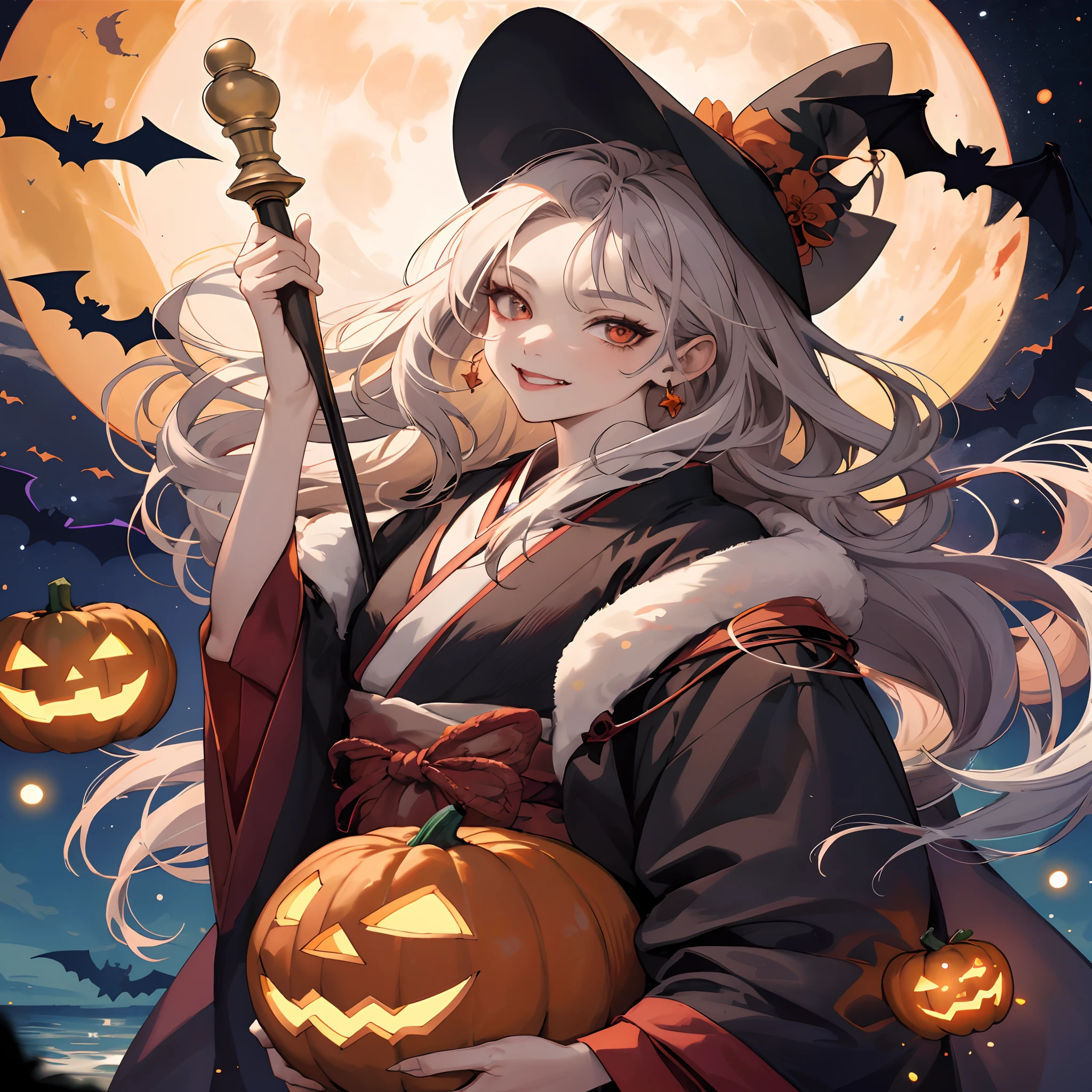 masterpiece、top-quality、16 K、8K、4K、hight resolution、ultra-detailliert、Hirohiko Araki、Ocean wind、1 beautiful woman、The upper part of the body、japanes、big eye、Red Eyes、Looking at this、Grinning smile、Thicker lips、red lipsticks、Slender eyes、Red-haired、Okappa、Tricorn hat on the head、Sorcerer's clothes、Holding a wand、Full Moon Night、the bats、Halloween、Jack-o'-lantern、pumpkins、