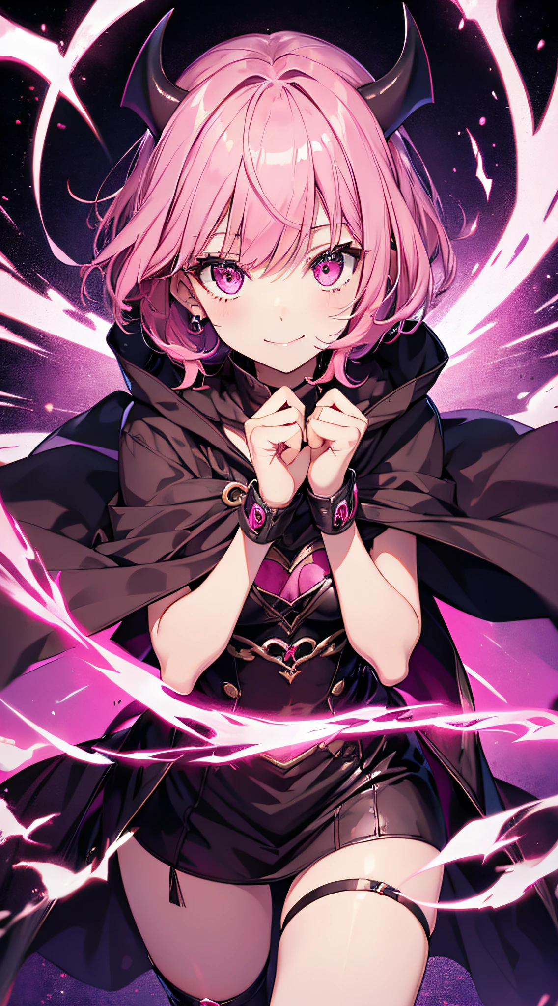 (best quality, vivid colors, ultra-detailed),portrait,succubus,pink hair,short hair, pink eyes,wear a cloak to cover her body,cute, smile