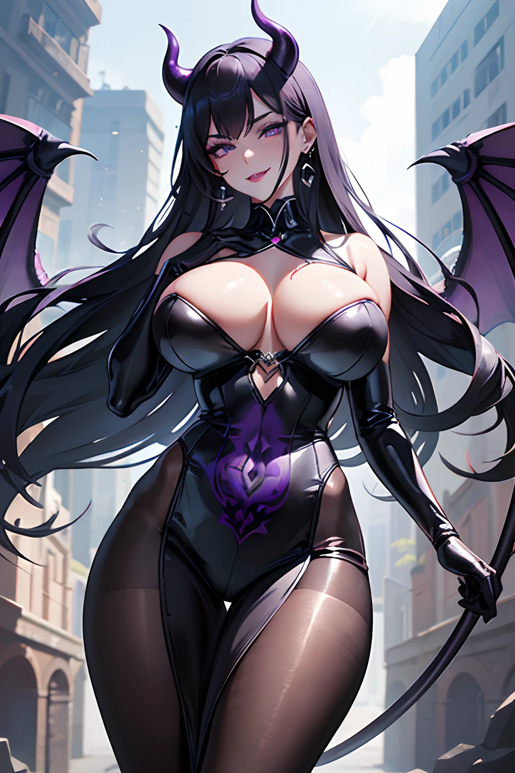 absurdres,masterpiece, ultra quality, ultra detailed, extremely detailed CG, extremely realistic, extremely photorealistic, cute, akiba, anime face, moe, all intricate, awsome many layers,
extremely shiny fabric, clothes reflecting light, extremely shiny clothes, vivid tone, awesome metallic surface texture,
beautiful detailed girl,
breast enhancement, gigantic boob, toned female, glamorous perfect female proportion,
(evil smile, sadistic, erotic, seductive eyes, provocative, enraptured, fascinated, aroused, naughty face, blush-, crazy smile)++,
from below, looking down,
(extremely wrinkled shiny clothes reflecting light)+, fusion of satin and latex fabric ,skin fit,extremely shiny fabric, gleaming skin, muscular-,
(evil smile, villainess, dark persona:1.2),
huge breast, cleavage cutout, forged and muscular abs, thick thighs covered with thin fat and forged muscles,
(overlooking panorama scenic magnificent view, outdoor:1.4),
hyper-realistic, (photo-realistic:1.4), realistic,HDR, physically-based rendering, (purple lips, purple eyeshadow:1.4),
masterpiece+, official+++, best quality, amazing fine details, high resolution, all intricate, line drawing, (devil horn, devil wing:1.3), fusion of devil and nun, evil, mature woman, silver long hair, side locks, blunt bungs, hime cut, fusion of nun outfit and bodysuit, glamorous perfect female proportion, captivating smile, beautiful detailed black latex nun bodysuit, cross, cleavage cut out, knitted corset, extremely shiny fabric, extremely wrinkled fabric, puffy sleeve, elbow gloves, jewelry, (pubic tattoo:1.2), gleaming skin, cloth reflecting light, ultra beautiful detailed background, breast enhancement, sexy cut out, from below, church background, singing,music, piercing, earrings, Sacred robe with a cross on it.
business suit, (pantyhose:1.2), 30 denier, tight mini straight skirt, extremely shiny wrinkled clothes,
(masterpiece), (ultra best quality), (insanely amazing hyper fine extremely detailed CG), (high resolutio