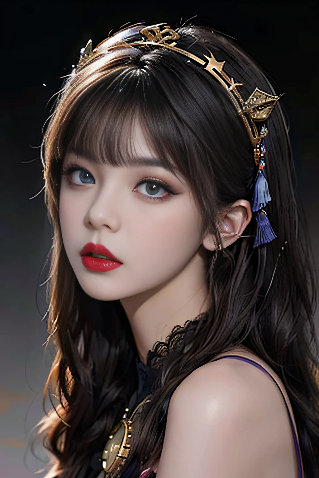.1 27 years old. 1 zodiac goddess from the future, pink and purple zodiac goddess, yellow zodiac goddess, black lace zodiac goddess. Details, Mythical zodiac goddess from the future, Chinese zodiac, 豪华闪发光的干支♏ style, dark and mysterious version, zodiac crown, lipstick, red lips, thin and clean lips, close mouth, character by Karol Bak and Pino Deni, complex details, detailed background, highly detailed , light magic, transparent face, long bangs, beautiful facial details and well-proportioned eyes, blue
eyes: 1. 8), large round eyes, very beautiful and detailed make-up, visionary, silk dress with visible shoulders, mysterious make-up, dyed bright gold with double bangs, full body portrait, portrait of the goddess of the zodiac, realistic and vivid pictures, (stars make up the zodiac: 1. 7), (conste